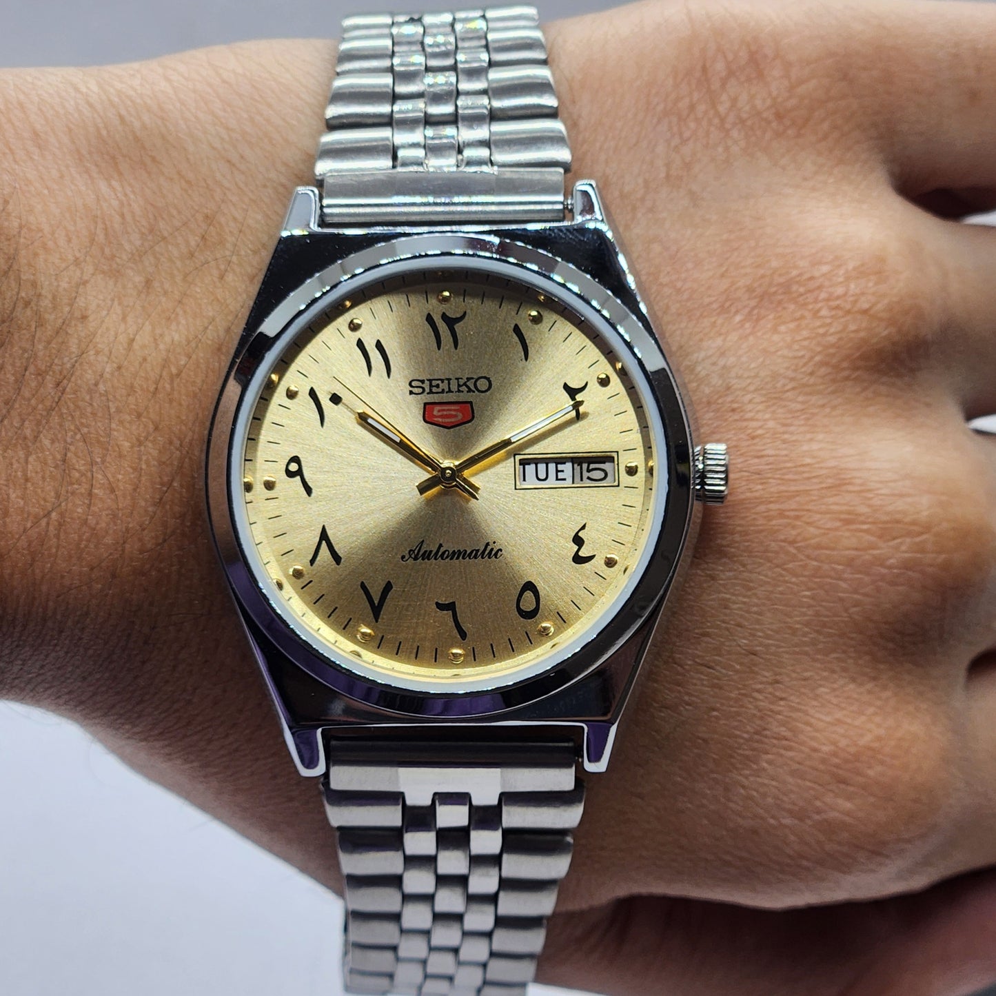 Vintage Mod Seiko 5 Automatic Arabic Golden Face 6309A 17 Jewels Japan Men's Day-Date Wrist Watch F70