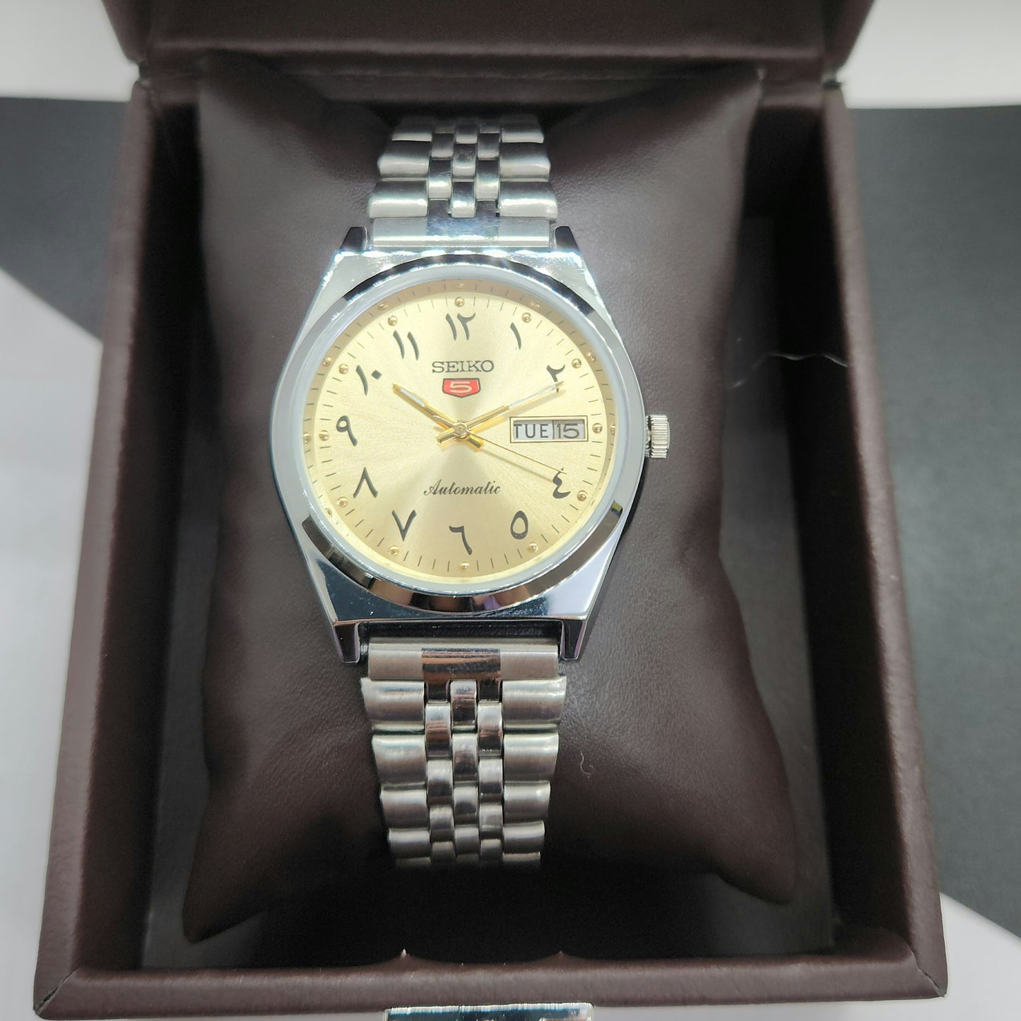 Vintage Mod Seiko 5 Automatic Arabic Golden Face 6309A 17 Jewels Japan Men's Day-Date Wrist Watch F70