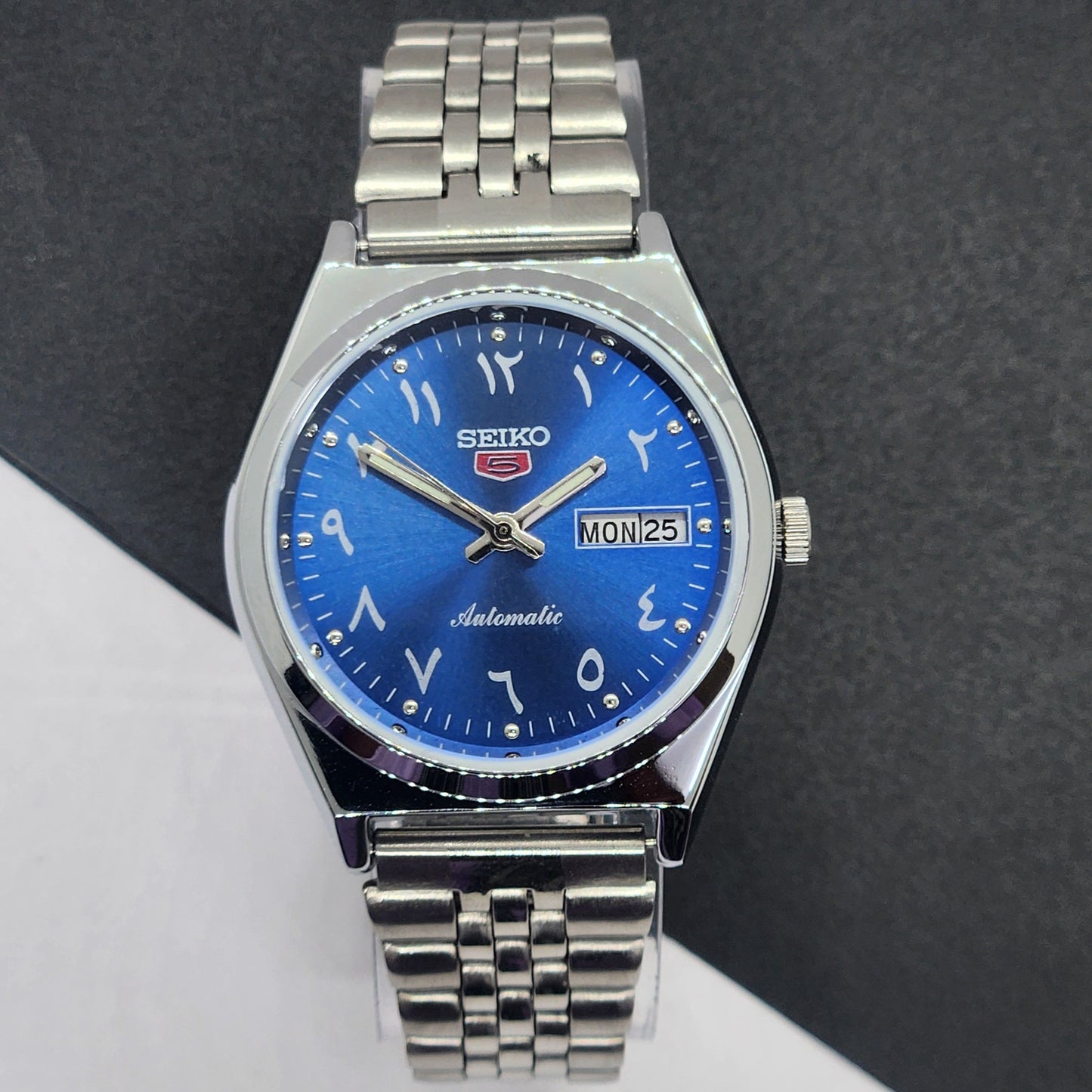 Vintage Mod Seiko 5 Automatic Arabic Blue Face 6309A 17 Jewels Japan Men's Day-Date Wrist Watch F73