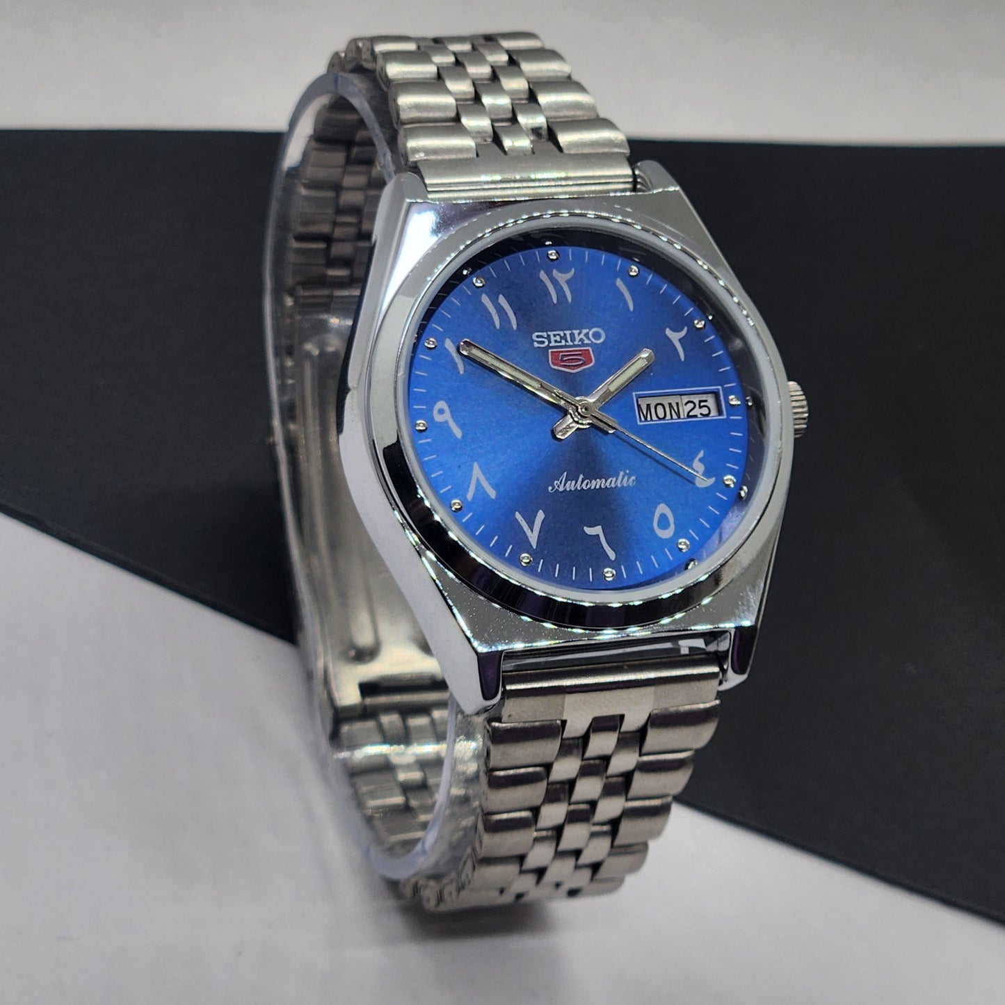 Vintage Mod Seiko 5 Automatic Arabic Blue Face 6309A 17 Jewels Japan Men's Day-Date Wrist Watch F73