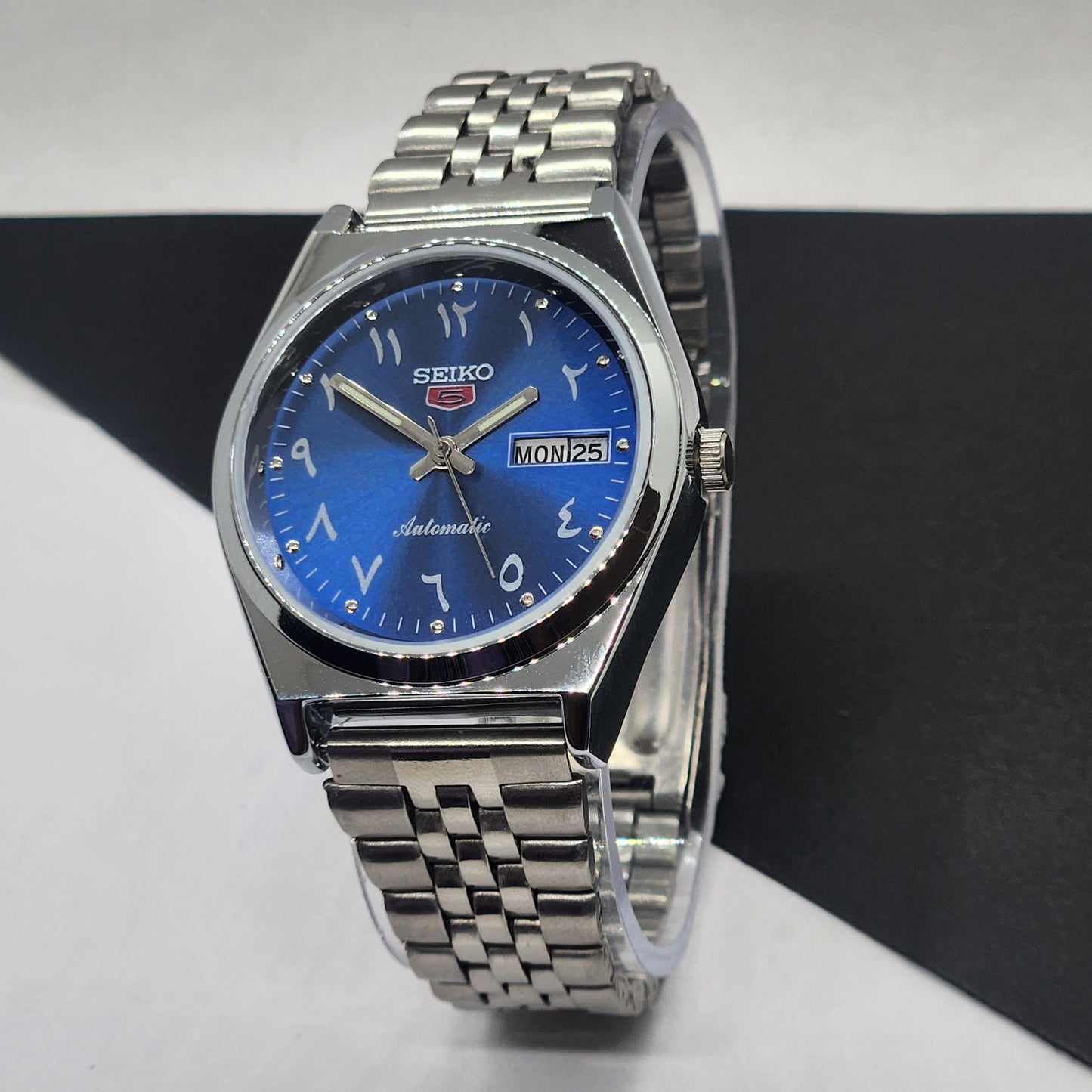 Vintage Mod Seiko 5 Automatic Arabic Blue Face 6309A 17 Jewels Japan Men's Day-Date Wrist Watch F73