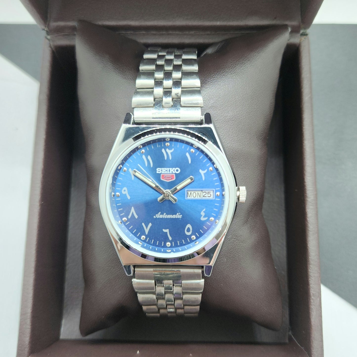 Vintage Mod Seiko 5 Automatic Arabic Blue Face 6309A 17 Jewels Japan Men's Day-Date Wrist Watch F73