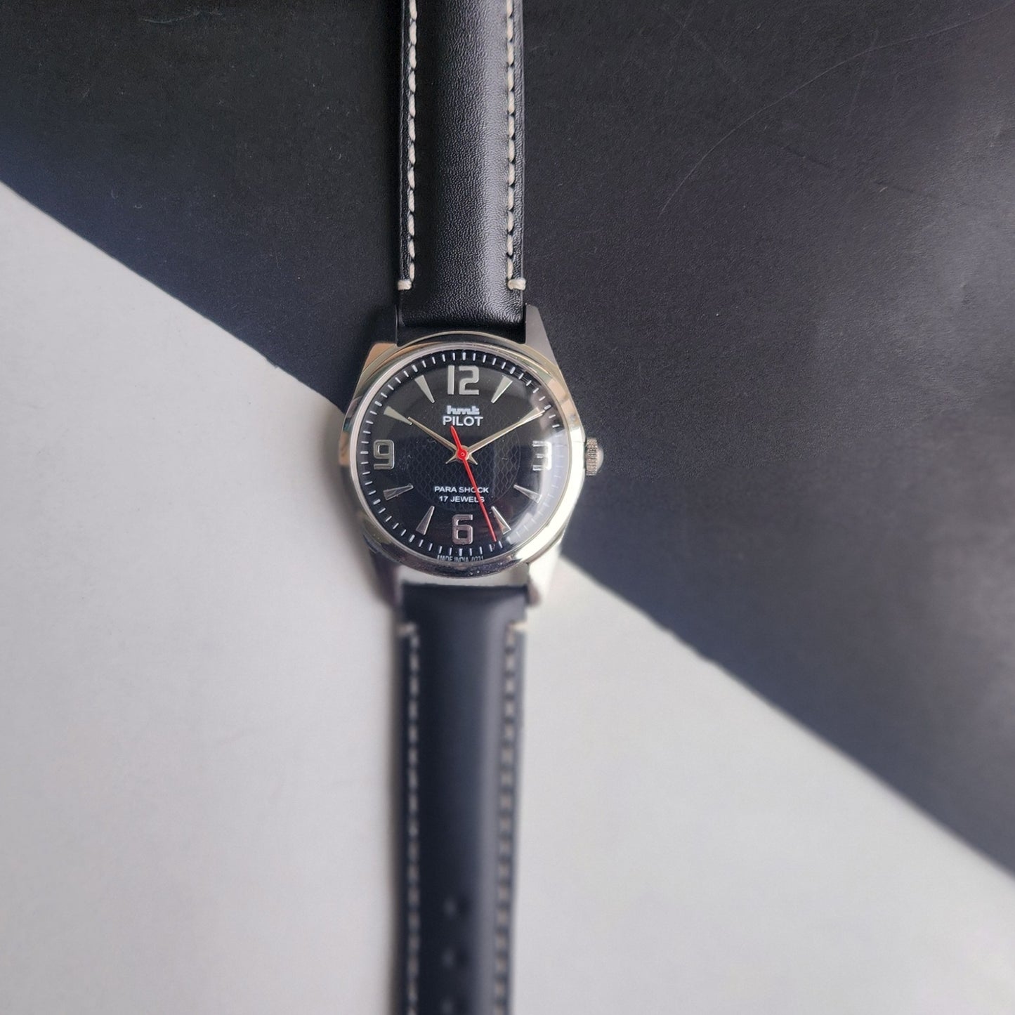 Vintage HMT Pilot Hand Winding 17 Jewels Black Face Black Band Men's Wrist Watch F75
