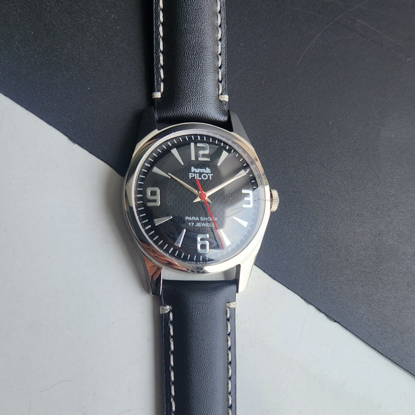 Vintage HMT Pilot Hand Winding 17 Jewels Black Face Black Band Men's Wrist Watch F75