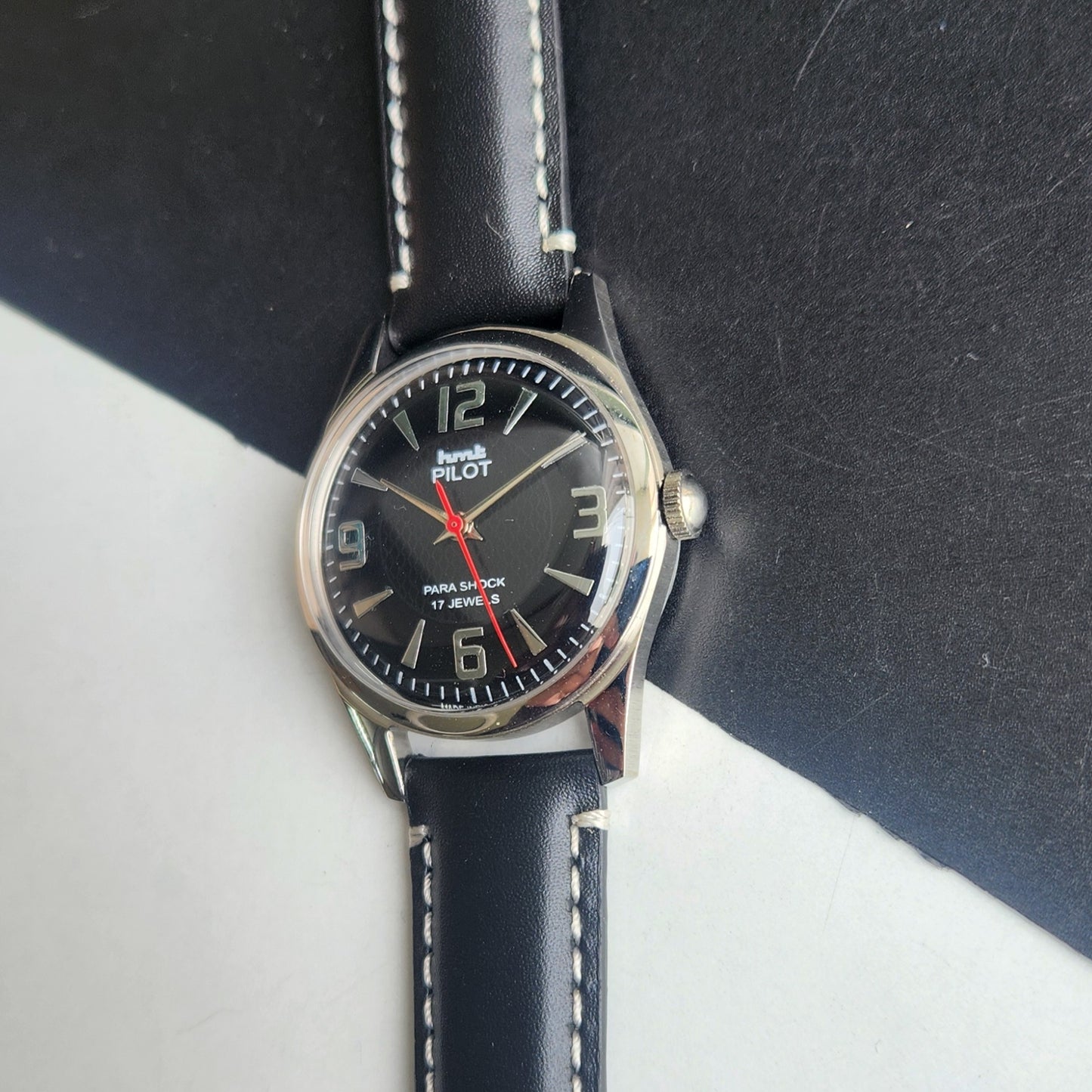 Vintage HMT Pilot Hand Winding 17 Jewels Black Face Black Band Men's Wrist Watch F75