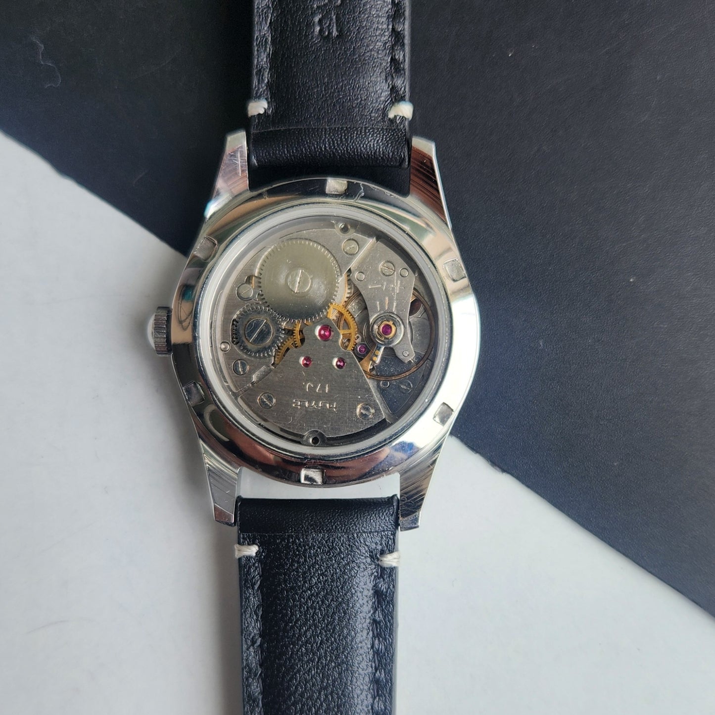 Vintage HMT Pilot Hand Winding 17 Jewels Black Face Black Band Men's Wrist Watch F75