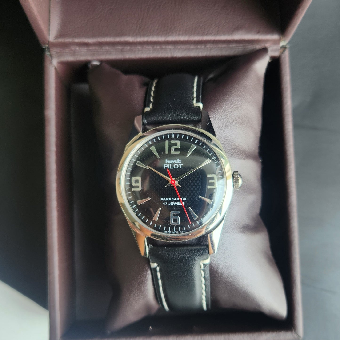 Vintage HMT Pilot Hand Winding 17 Jewels Black Face Black Band Men's Wrist Watch F75