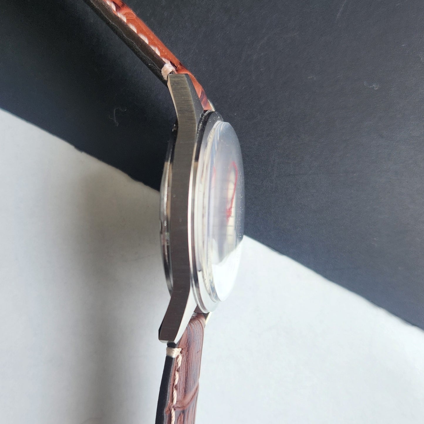 Vintage HMT Pilot Hand Winding 17 Jewels Silver Face Brown Croco Leather Strap Men's Wrist Watch F76