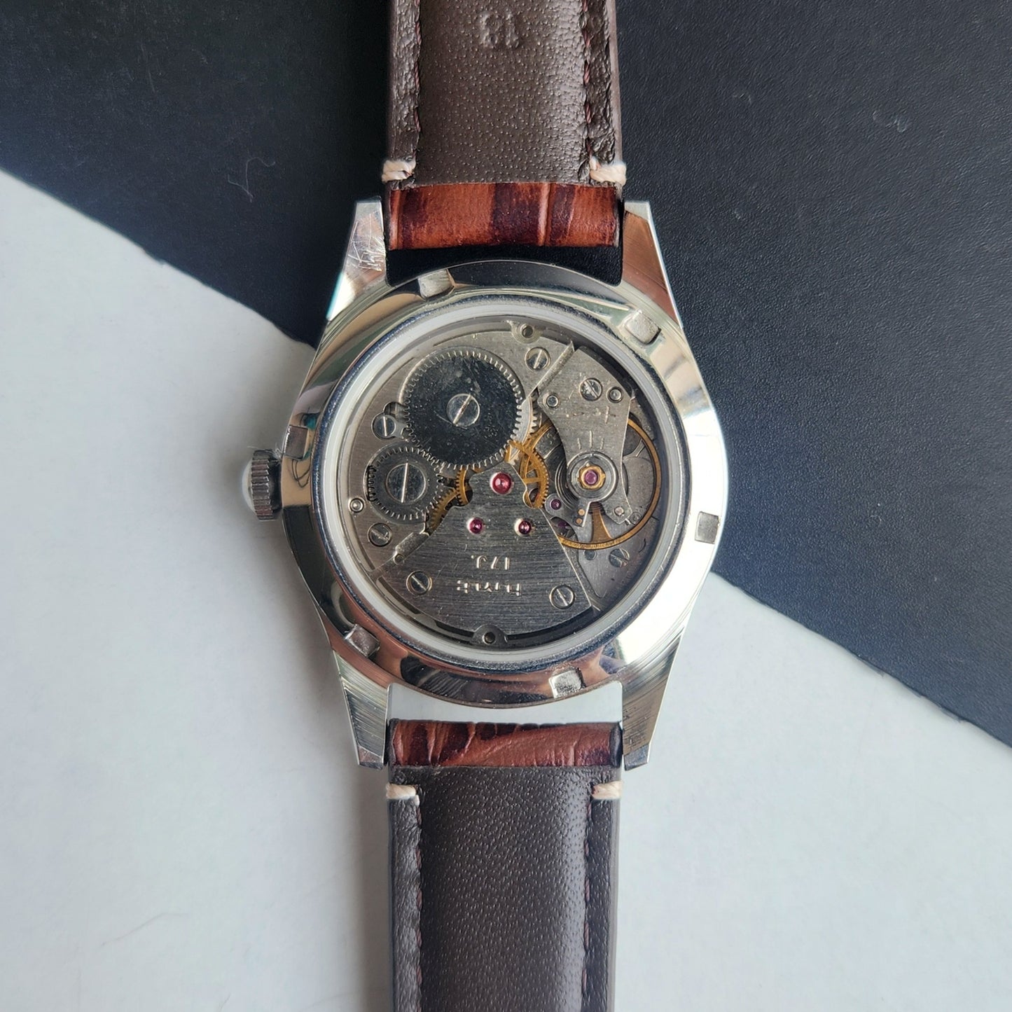 Vintage HMT Pilot Hand Winding 17 Jewels Silver Face Brown Croco Leather Strap Men's Wrist Watch F76
