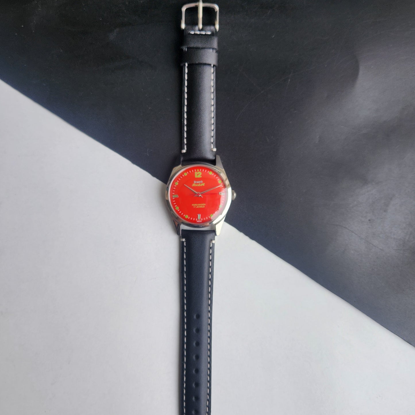 Vintage MOD HMT Pilot Hand Winding 17 Jewels Orange Face Black Leather Strap Men's Wrist Watch F77
