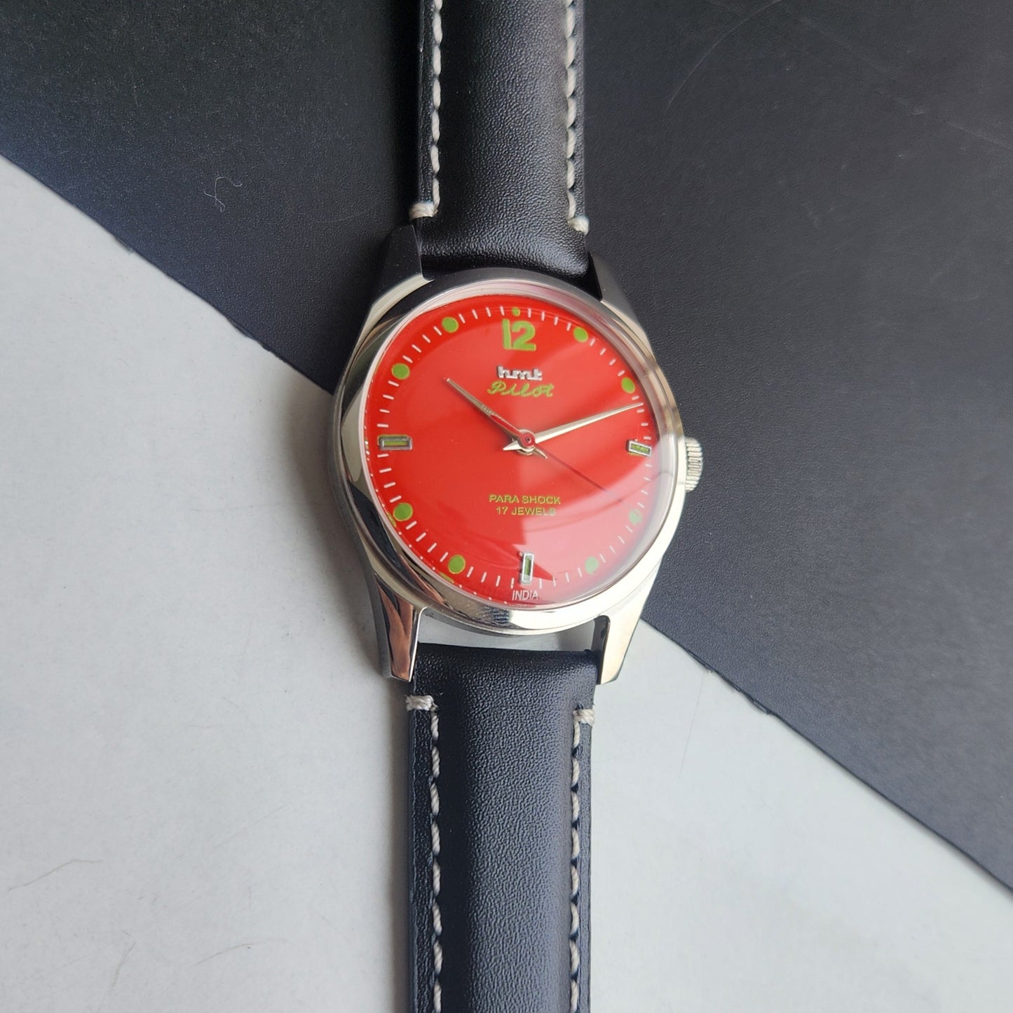 Vintage MOD HMT Pilot Hand Winding 17 Jewels Orange Face Black Leather Strap Men's Wrist Watch F77