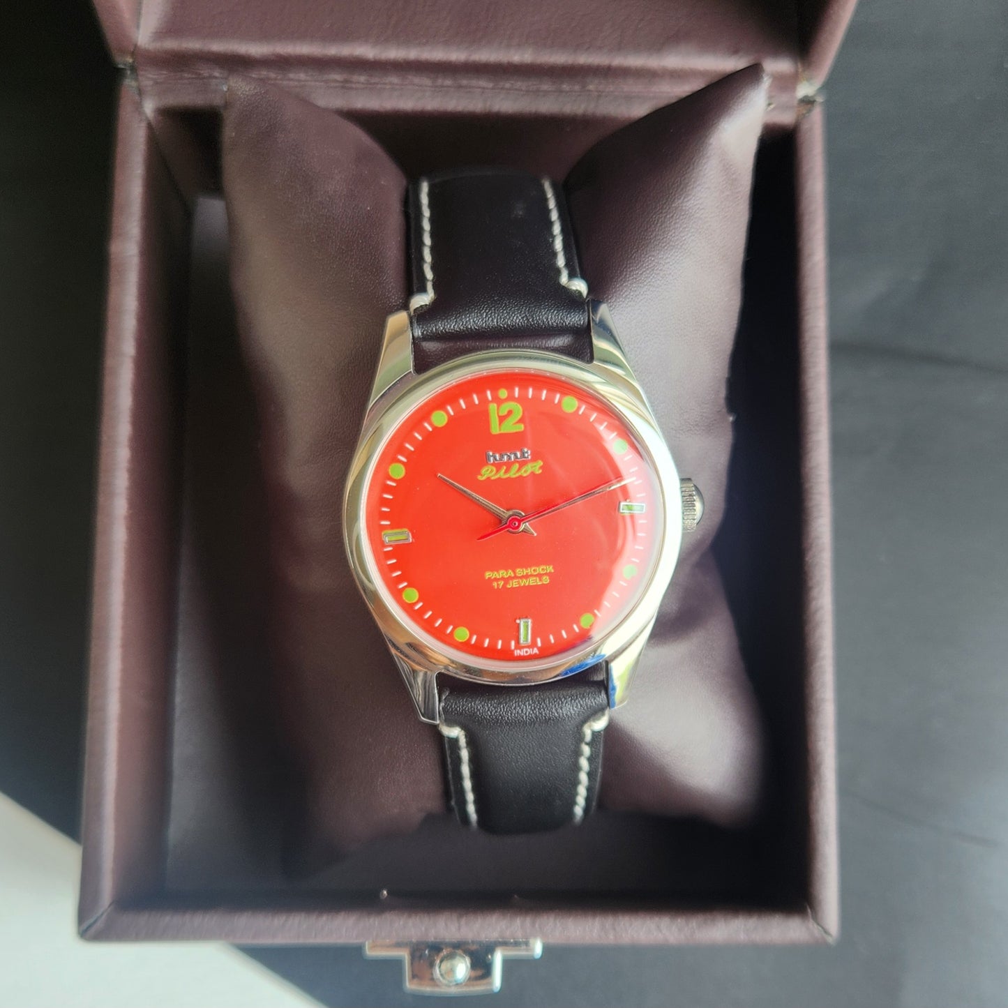 Vintage MOD HMT Pilot Hand Winding 17 Jewels Orange Face Black Leather Strap Men's Wrist Watch F77