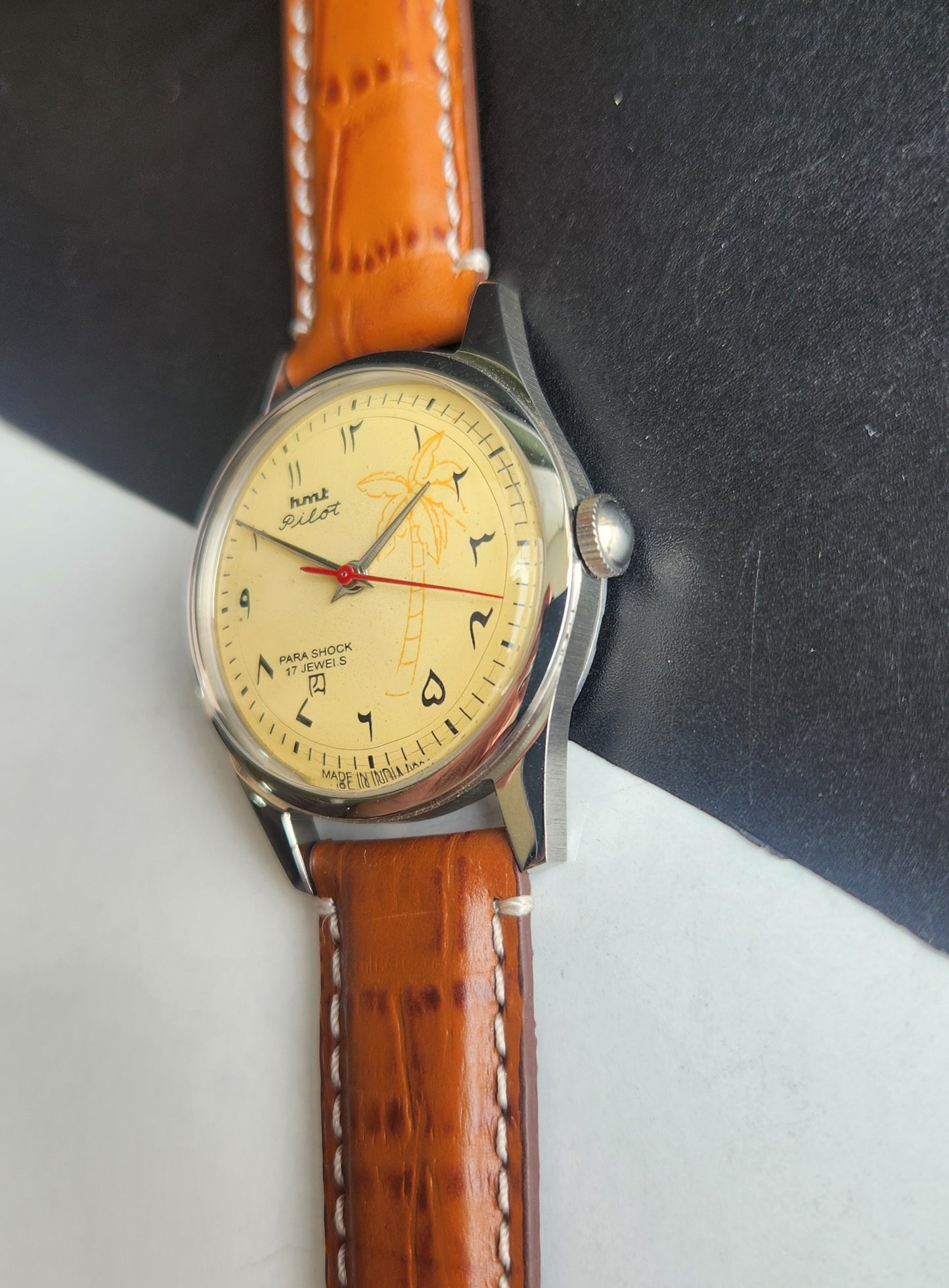 Vintage HMT Pilot Urdu Hand Winding 17 Jewels Yellow Face Brown Croco Leather Strap Men's Wrist Watch F78