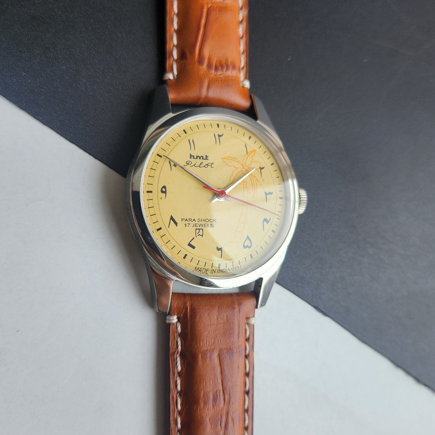 Vintage HMT Pilot Urdu Hand Winding 17 Jewels Yellow Face Brown Croco Leather Strap Men's Wrist Watch F78