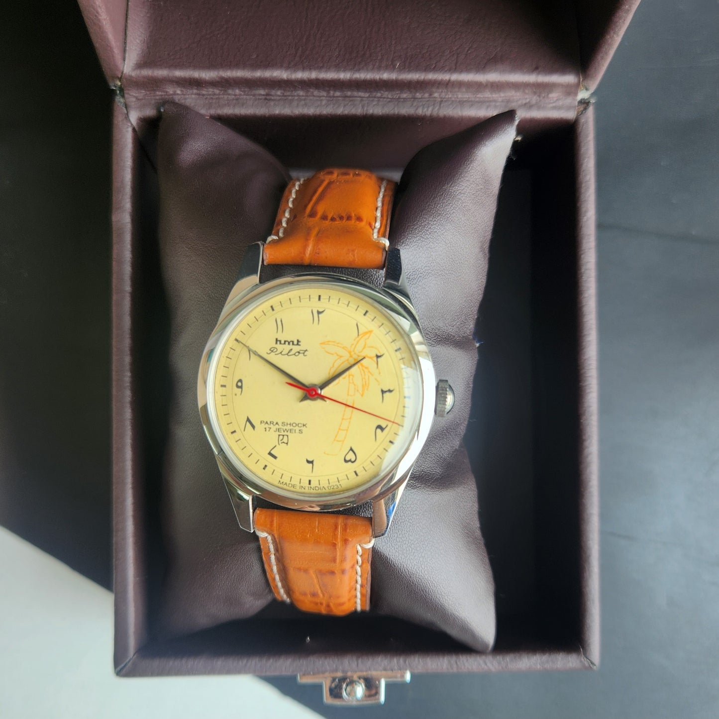 Vintage HMT Pilot Urdu Hand Winding 17 Jewels Yellow Face Brown Croco Leather Strap Men's Wrist Watch F78