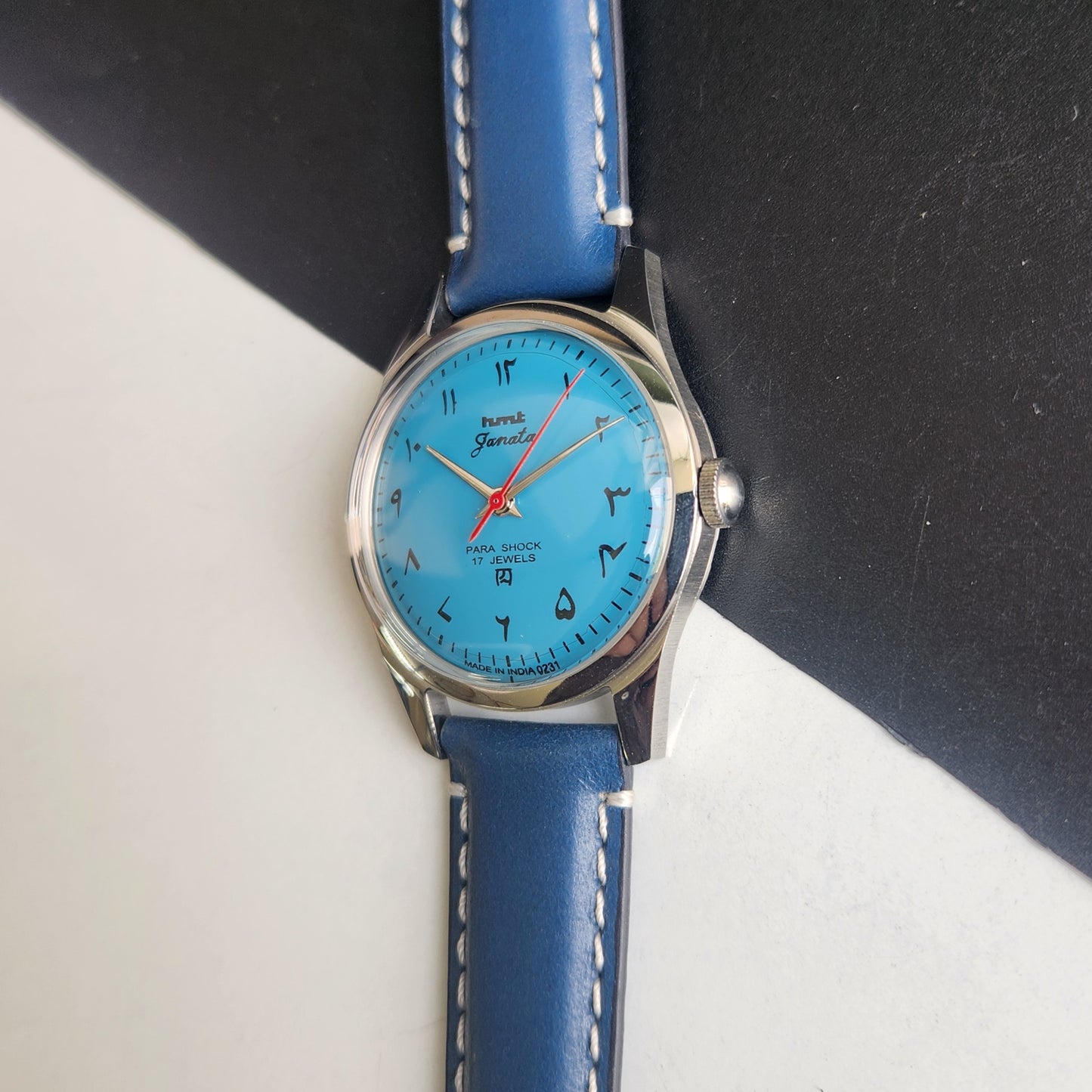 Vintage HMT Janata Urdu Hand Winding 17 Jewels Blue Face Blue Leather Strap Men's Wrist Watch F79