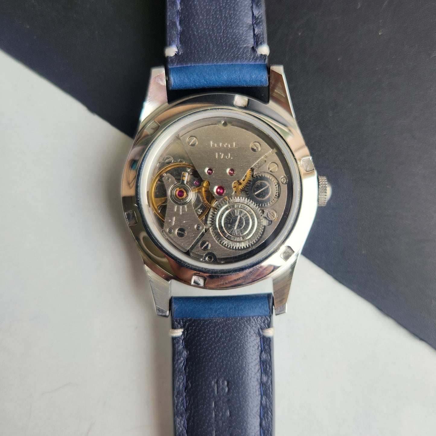 Vintage HMT Janata Urdu Hand Winding 17 Jewels Blue Face Blue Leather Strap Men's Wrist Watch F79