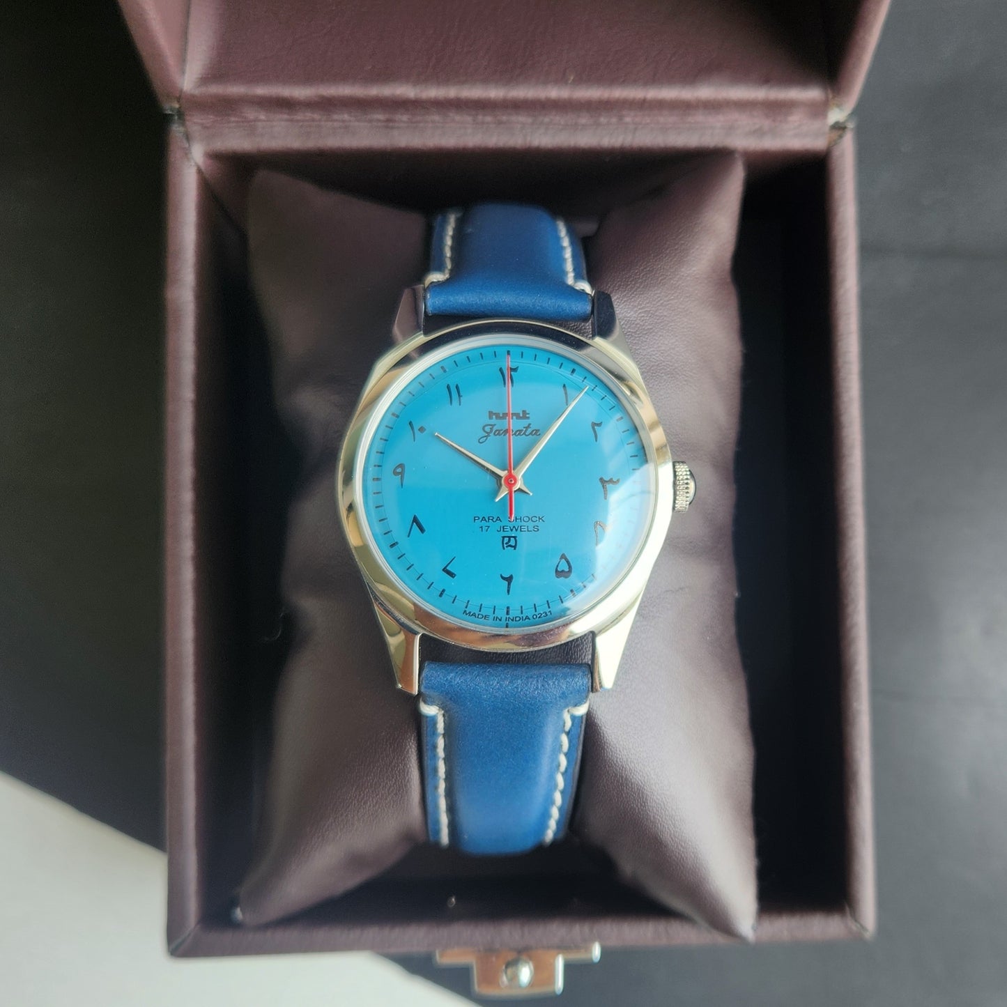 Vintage HMT Janata Urdu Hand Winding 17 Jewels Blue Face Blue Leather Strap Men's Wrist Watch F79