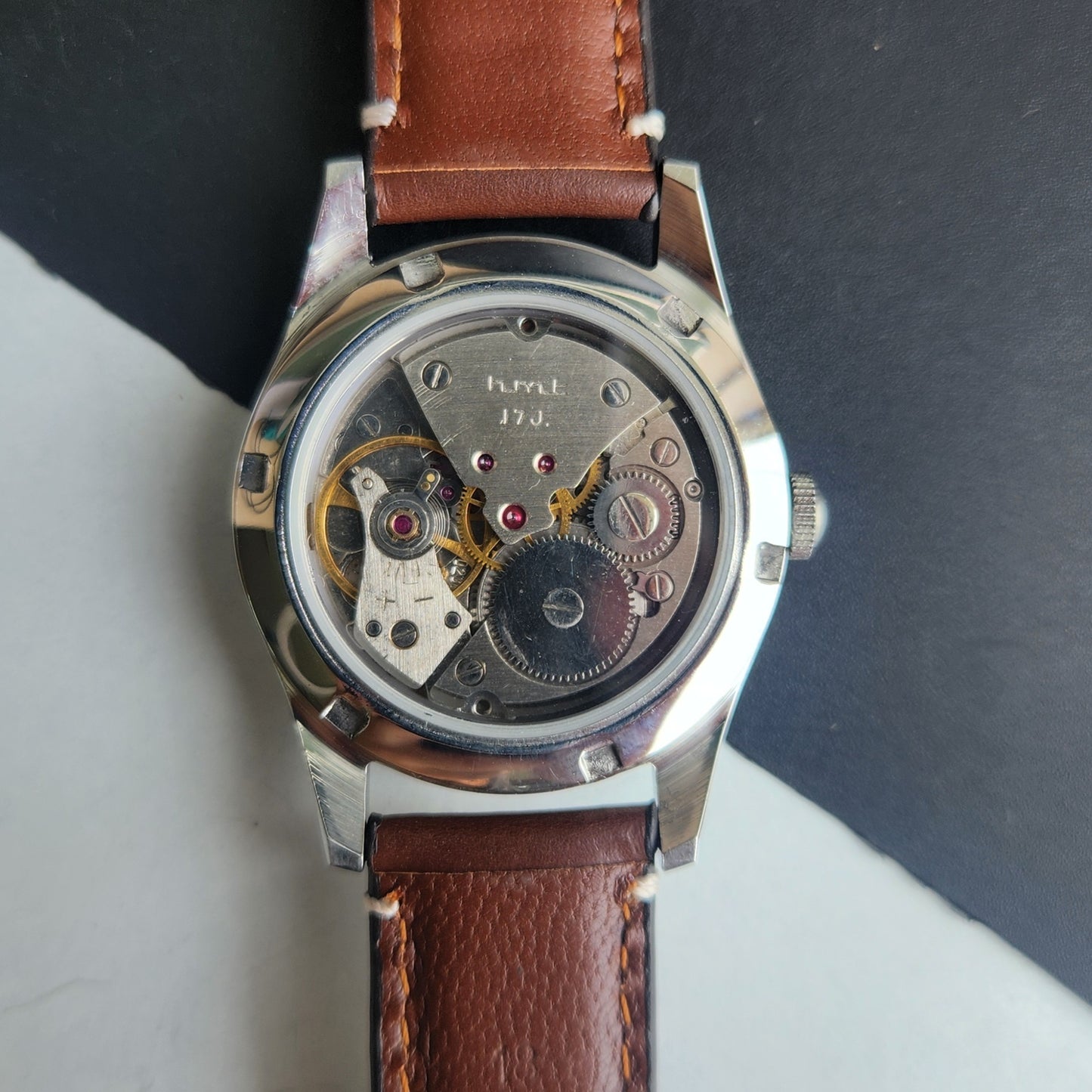 Vintage HMT Janata Urdu Hand Winding 17 Jewels Silver Face Brown Leather Strap Men's Wrist Watch F80