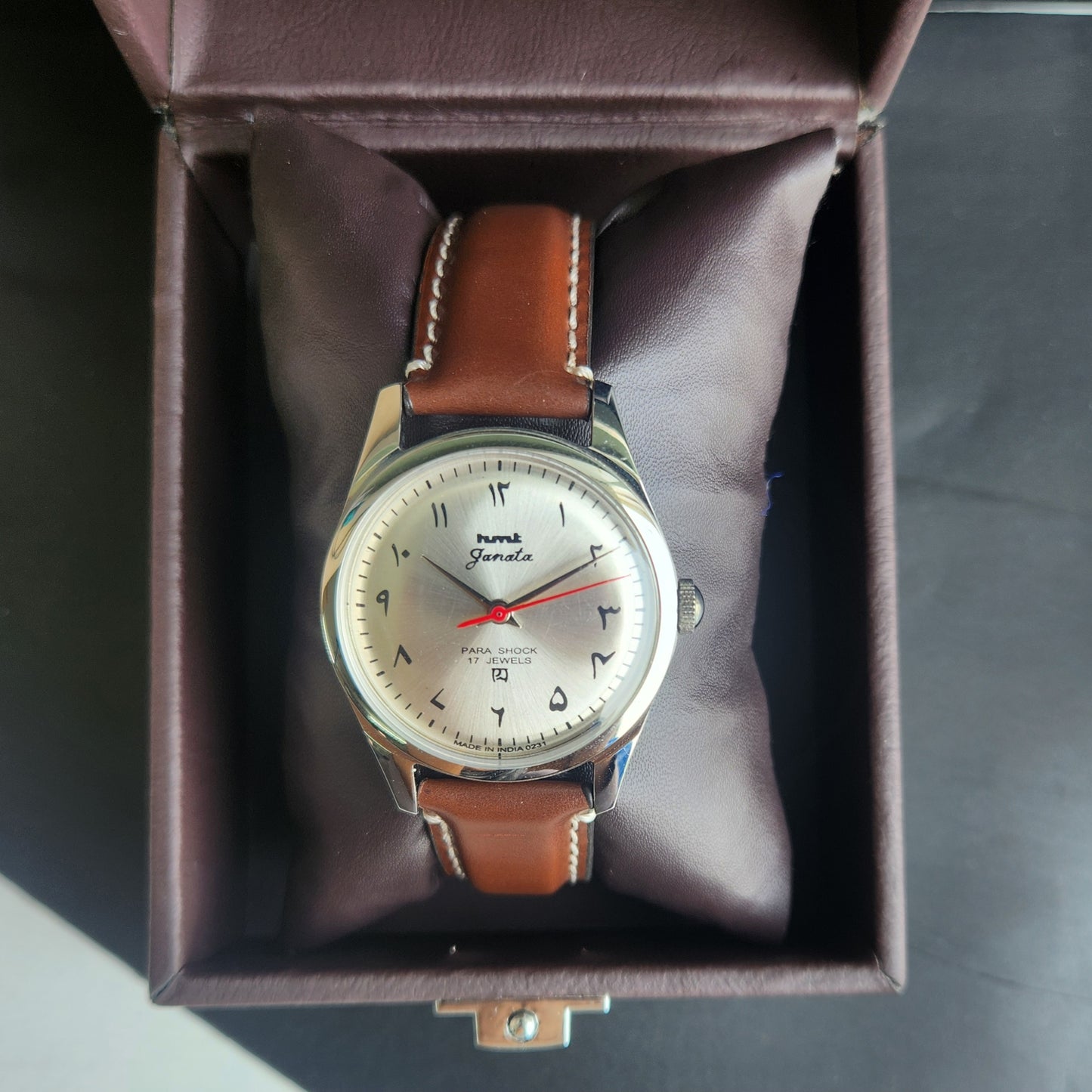 Vintage HMT Janata Urdu Hand Winding 17 Jewels Silver Face Brown Leather Strap Men's Wrist Watch F80