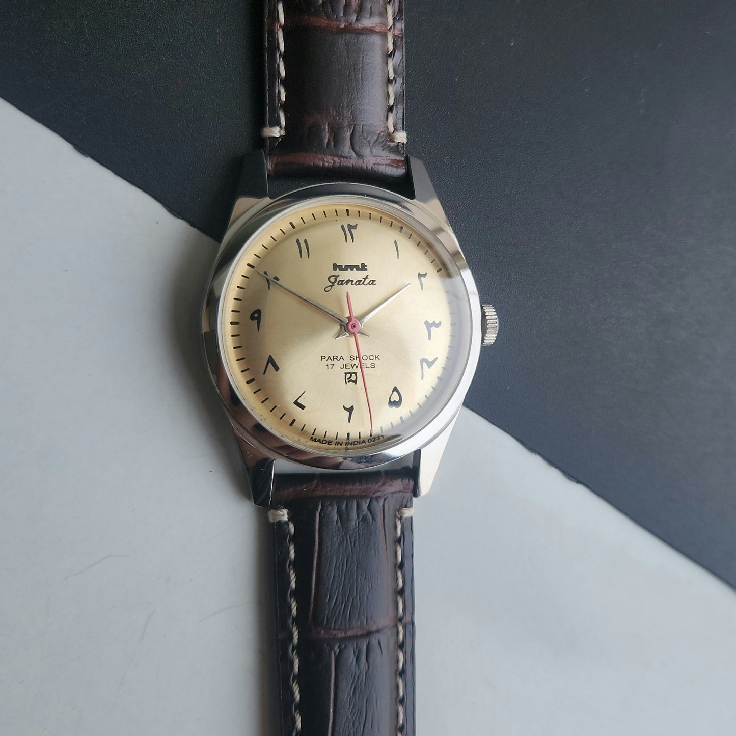 Vintage HMT Janata Urdu Hand Winding 17 Jewels Golden Face Brown Croco Leather Strap Men's Wrist Watch F81