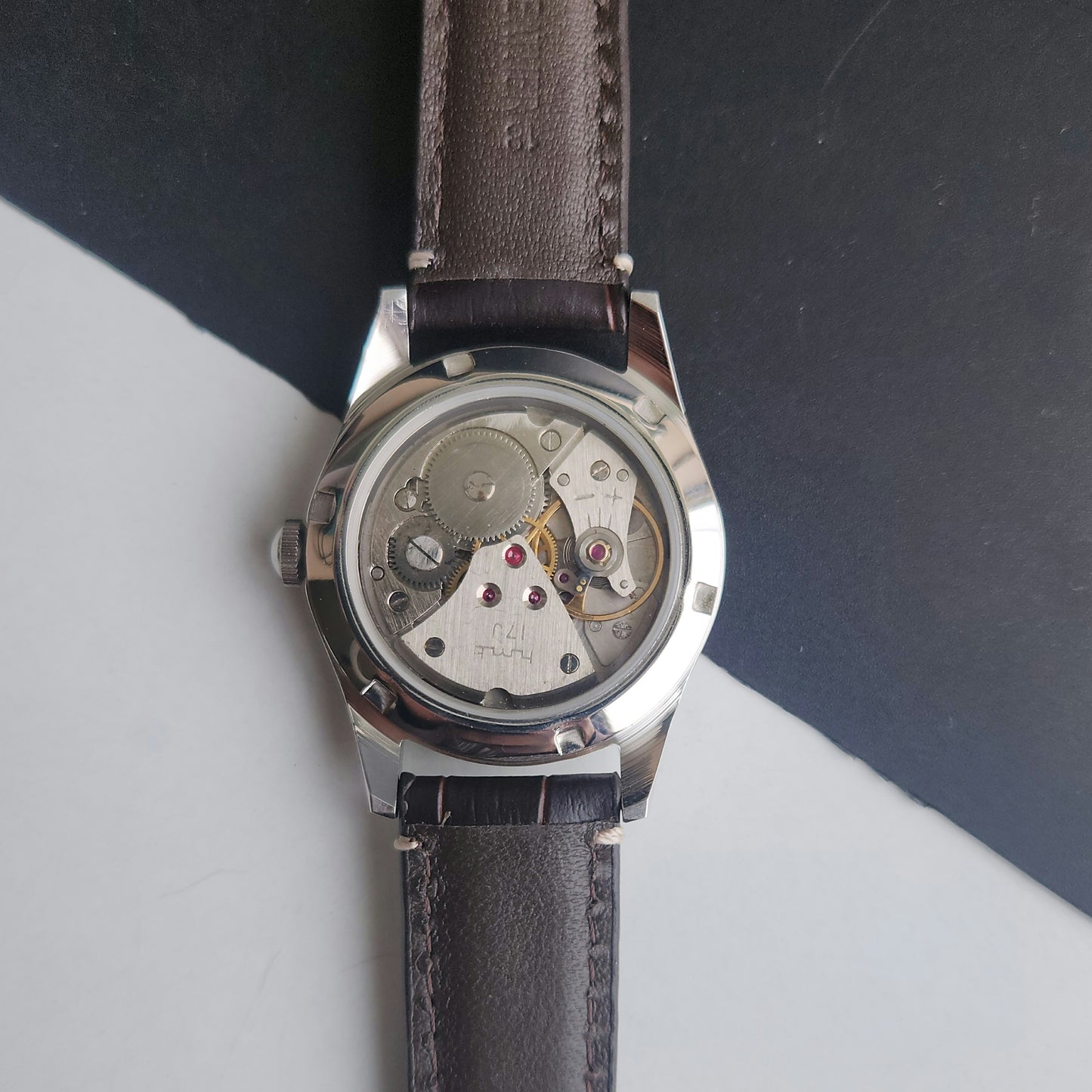 Vintage HMT Janata Urdu Hand Winding 17 Jewels Golden Face Brown Croco Leather Strap Men's Wrist Watch F81