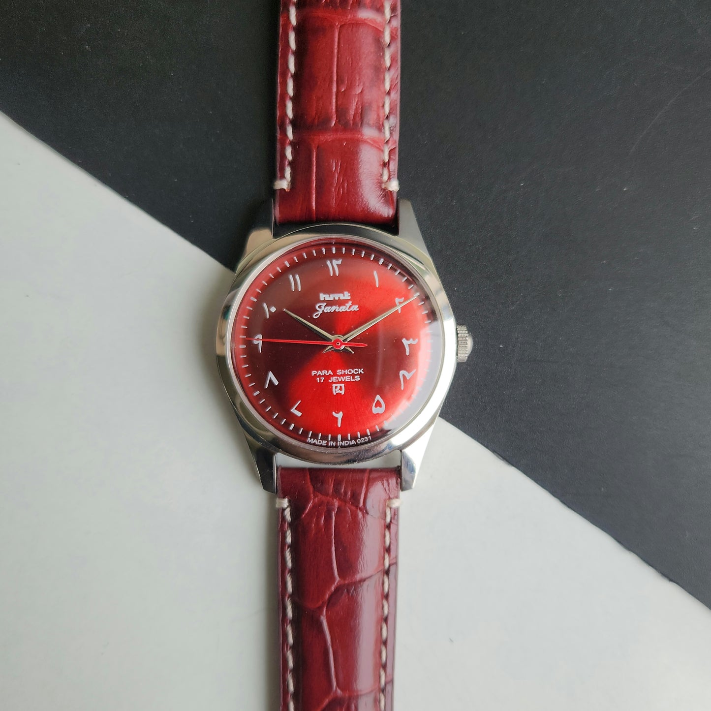 Vintage HMT Janata Urdu Hand Winding 17 Jewels Red Face Red Croco Leather Strap Men's Wrist Watch F82