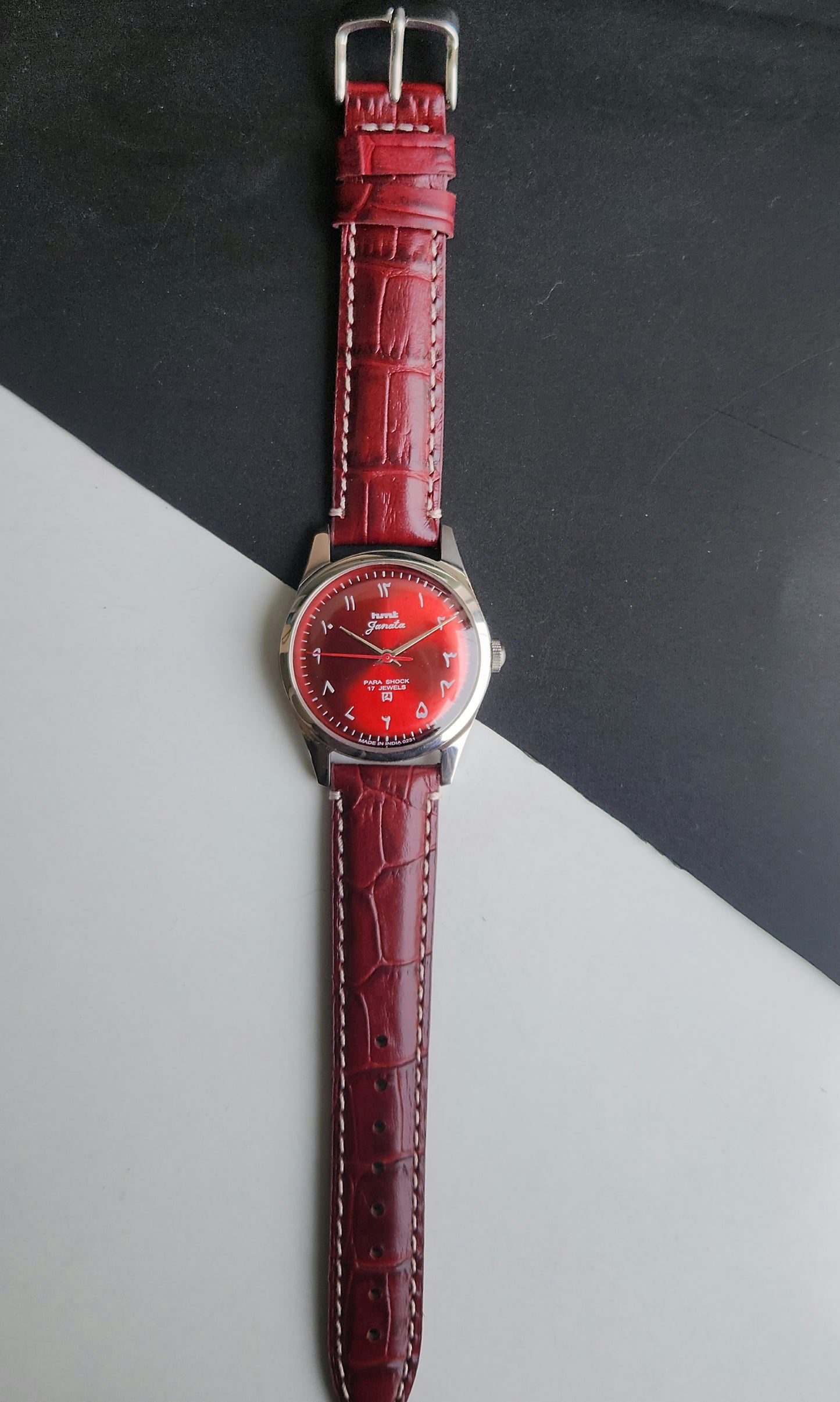 Vintage HMT Janata Urdu Hand Winding 17 Jewels Red Face Red Croco Leather Strap Men's Wrist Watch F82
