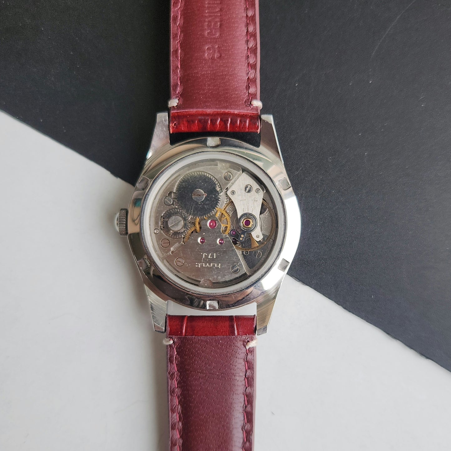 Vintage HMT Janata Urdu Hand Winding 17 Jewels Red Face Red Croco Leather Strap Men's Wrist Watch F82