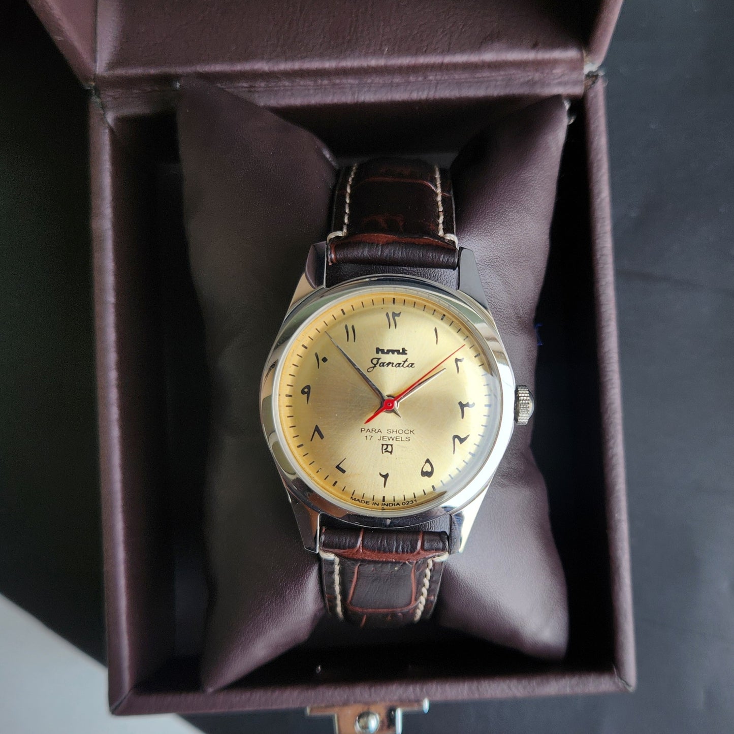 Vintage HMT Janata Urdu Hand Winding 17 Jewels Golden Face Brown Croco Leather Strap Men's Wrist Watch F81