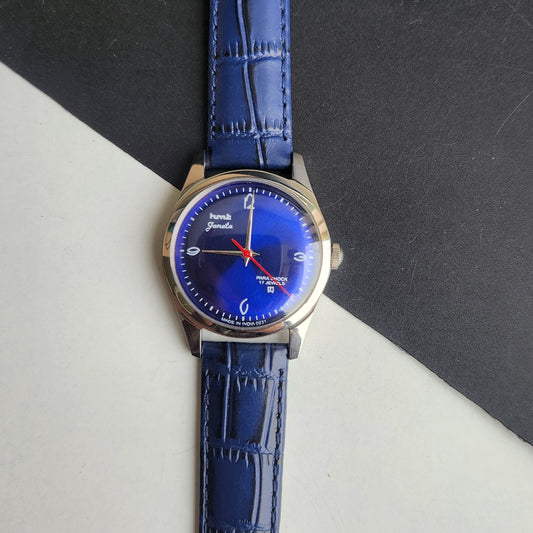 Vintage MOD HMT Janata Hand Winding 17 Jewels Blue Face Blue Croco Leather Strap Men's Wrist Watch F83