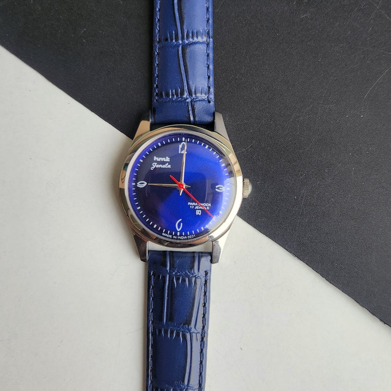 Vintage MOD HMT Janata Hand Winding 17 Jewels Blue Face Blue Croco Leather Strap Men's Wrist Watch F83