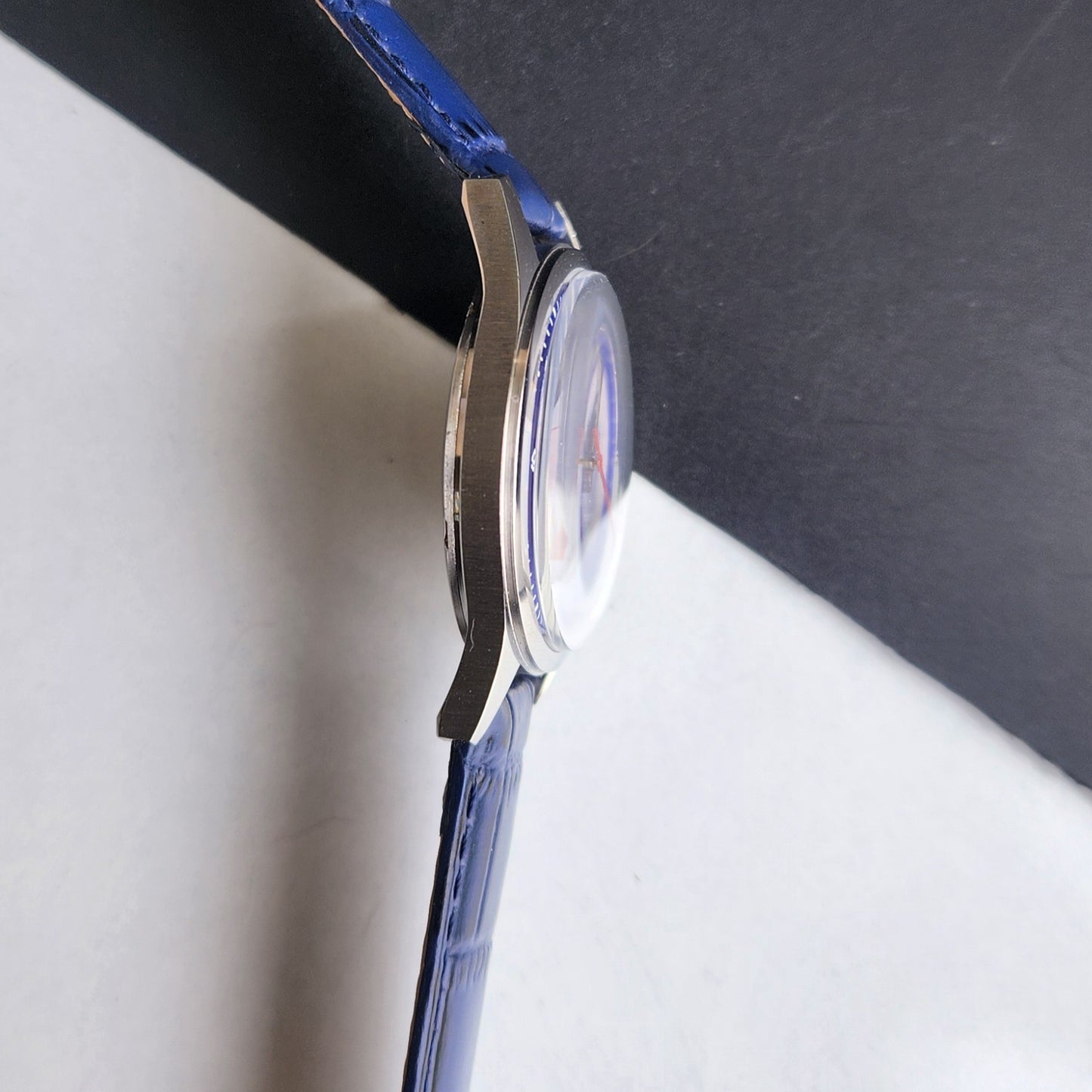 Vintage MOD HMT Janata Hand Winding 17 Jewels Blue Face Blue Croco Leather Strap Men's Wrist Watch F83