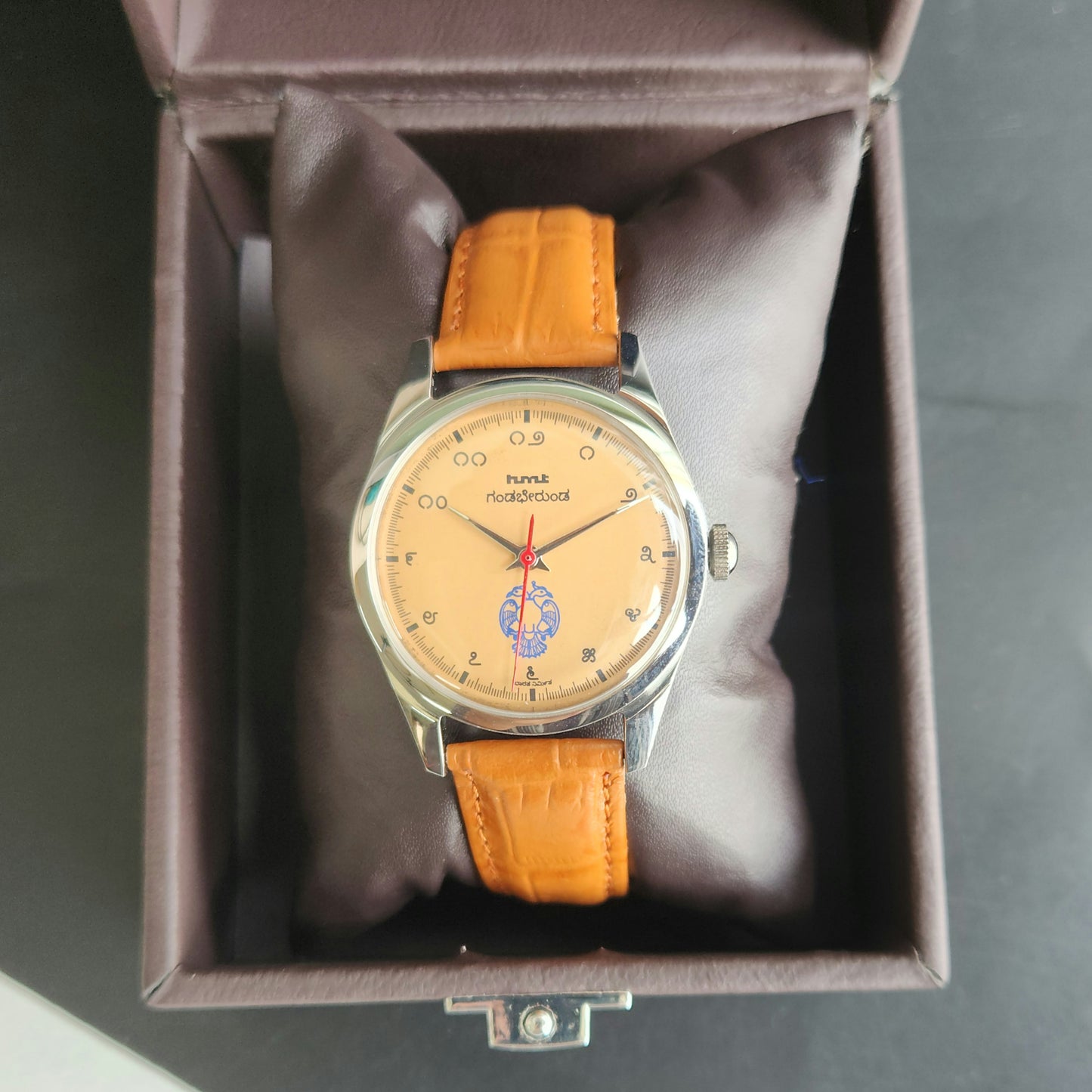 Vintage HMT Gandaberunda Hand Winding 17 Jewels Orange Face Brown Croco Leather Strap Men's Wrist Watch F90