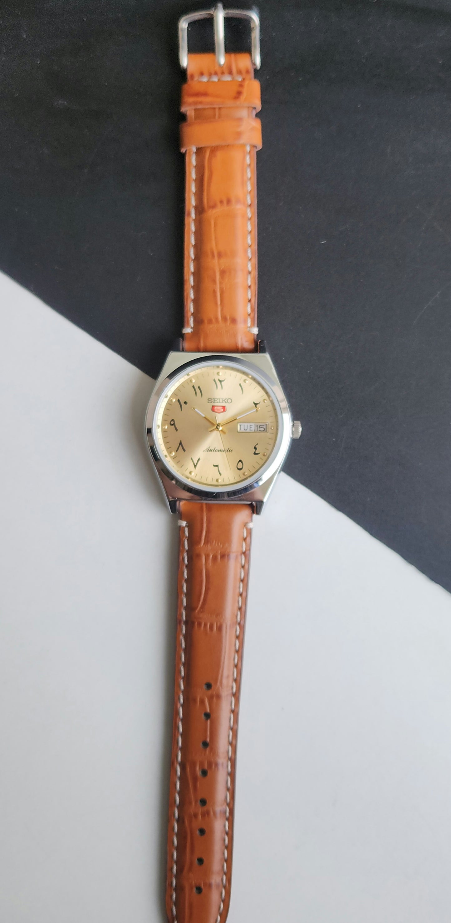 Vintage Mod Seiko 5 Automatic Arabic Golden Face 6309A 17 Jewels Brown Croco Leather Strap Day-Date Men's Wrist Watch F93