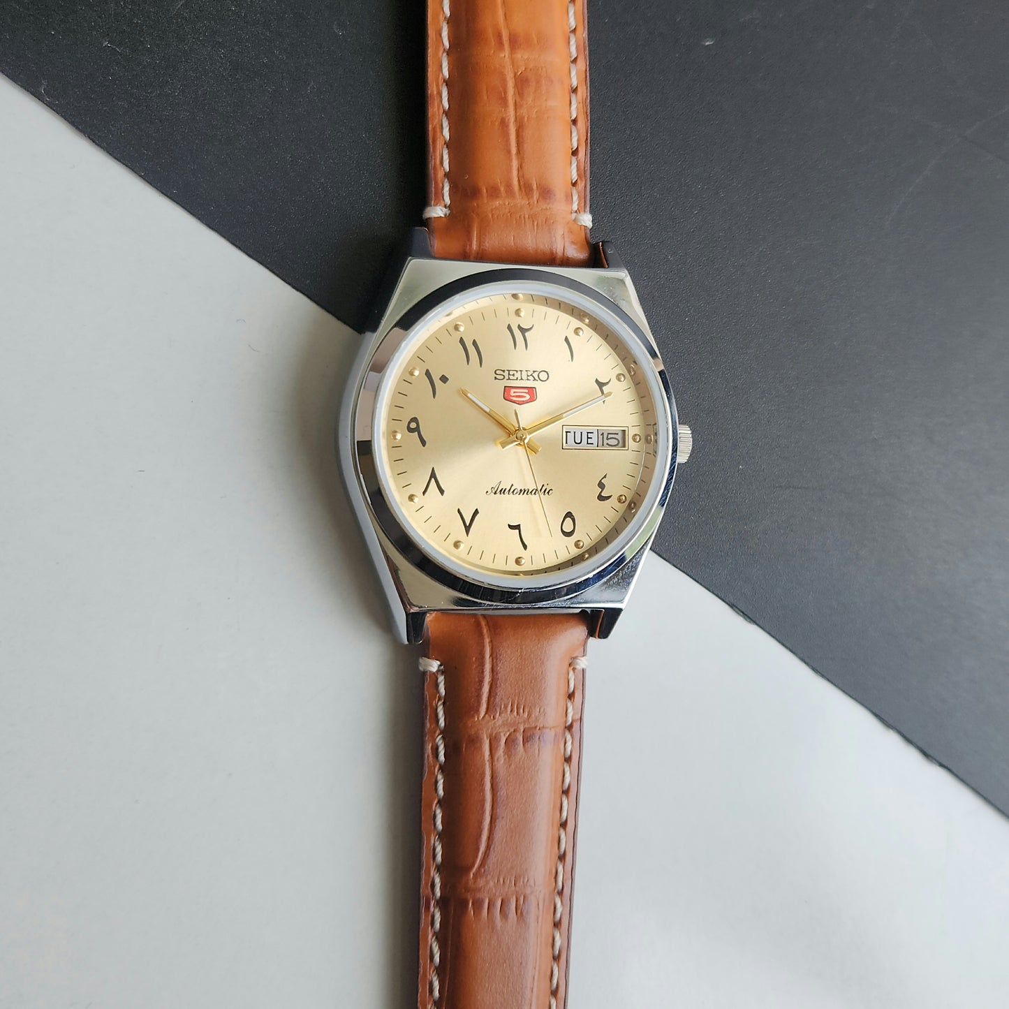 Vintage Mod Seiko 5 Automatic Arabic Golden Face 6309A 17 Jewels Brown Croco Leather Strap Day-Date Men's Wrist Watch F93