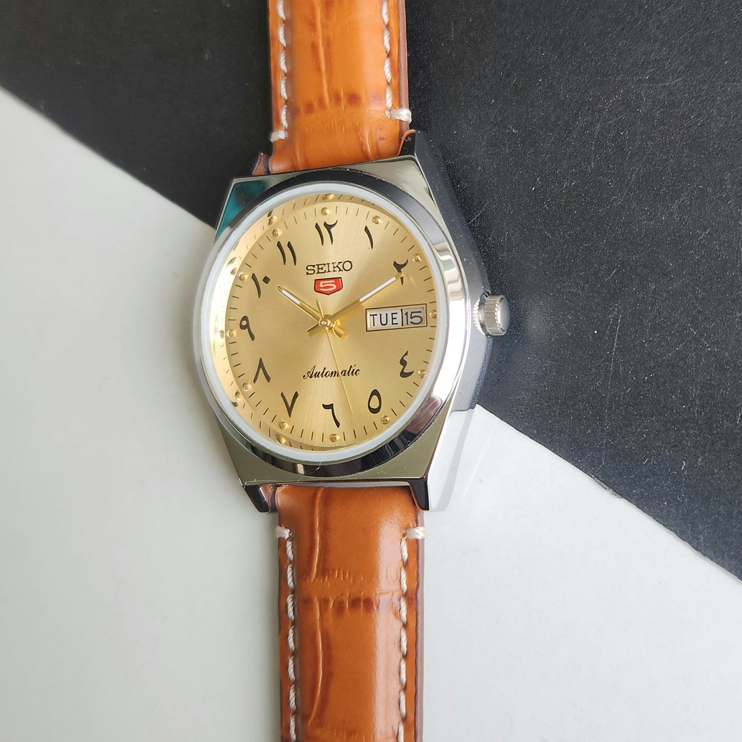 Vintage Mod Seiko 5 Automatic Arabic Golden Face 6309A 17 Jewels Brown Croco Leather Strap Day-Date Men's Wrist Watch F93