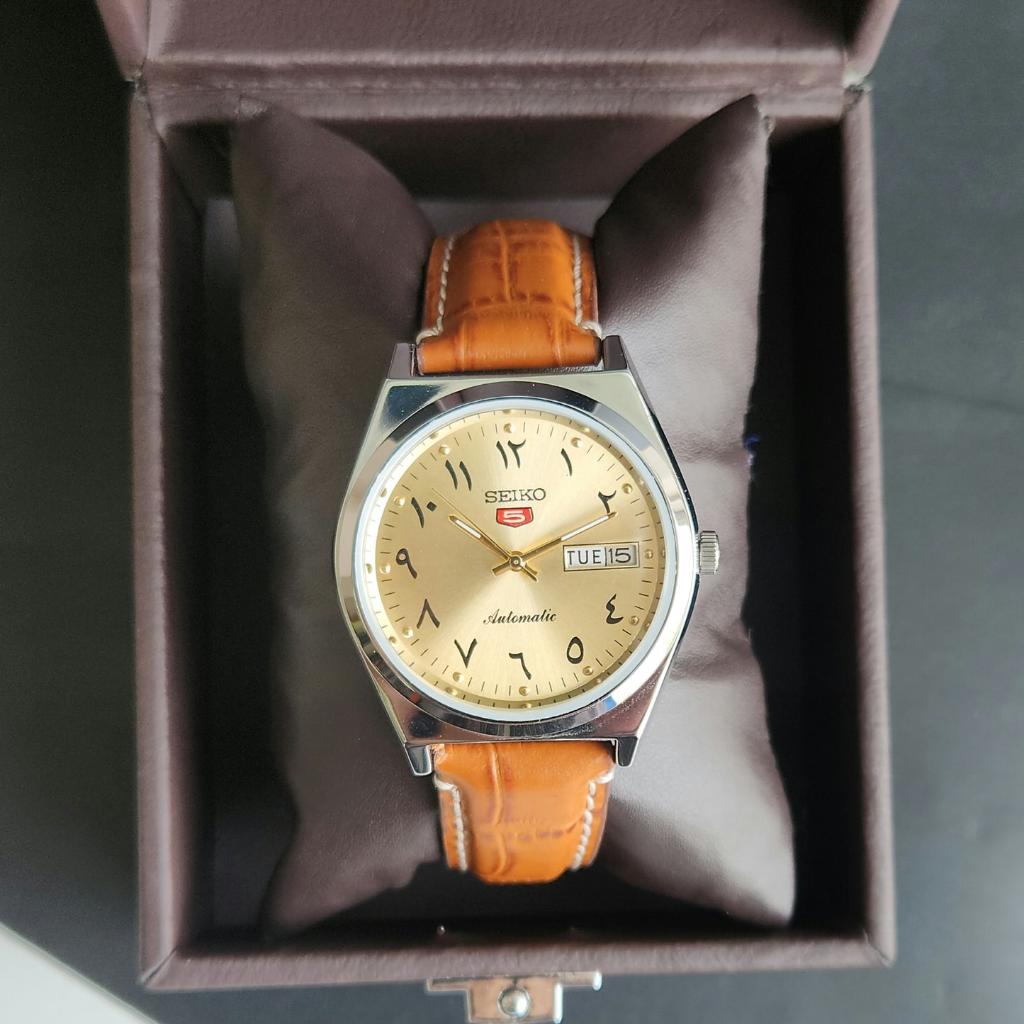 Vintage Mod Seiko 5 Automatic Arabic Golden Face 6309A 17 Jewels Brown Croco Leather Strap Day-Date Men's Wrist Watch F93