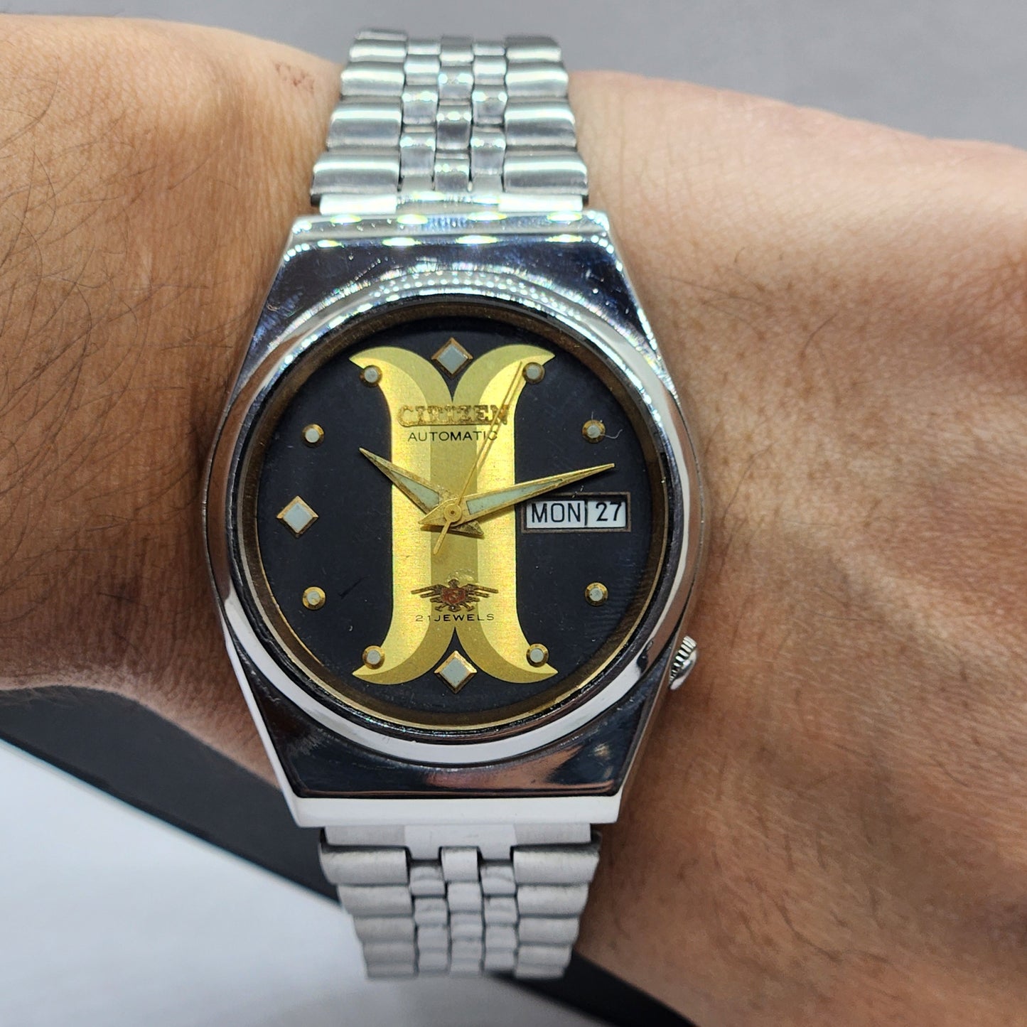 Vintage 1976 Original Citizen Automatic Cal. 8200 Black Face 21 Jewels Day-Date Japanese Men's Wrist Watch EG38