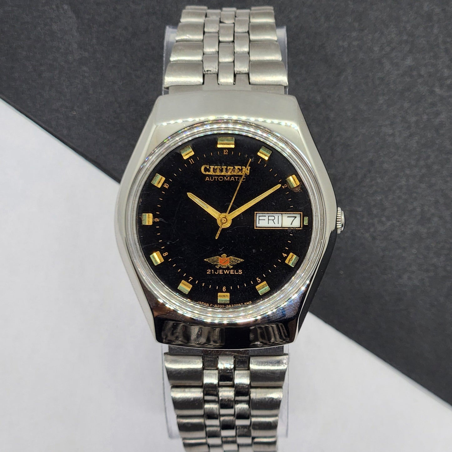 Vintage 1990 Original Citizen Automatic Cal. 8200 Black Face 21 Jewels Day-Date Japanese Men's Wrist Watch EG42