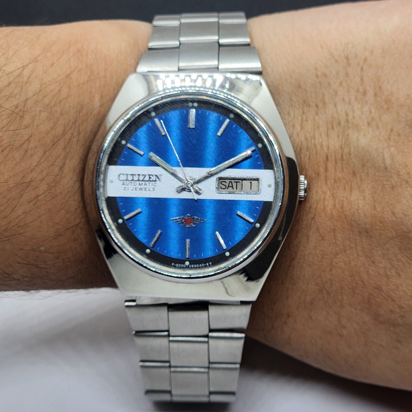 Vintage 1981 Original Citizen Automatic Cal. 8200 Blue Face 21 Jewels Day-Date Japanese Men's Wrist Watch EG66