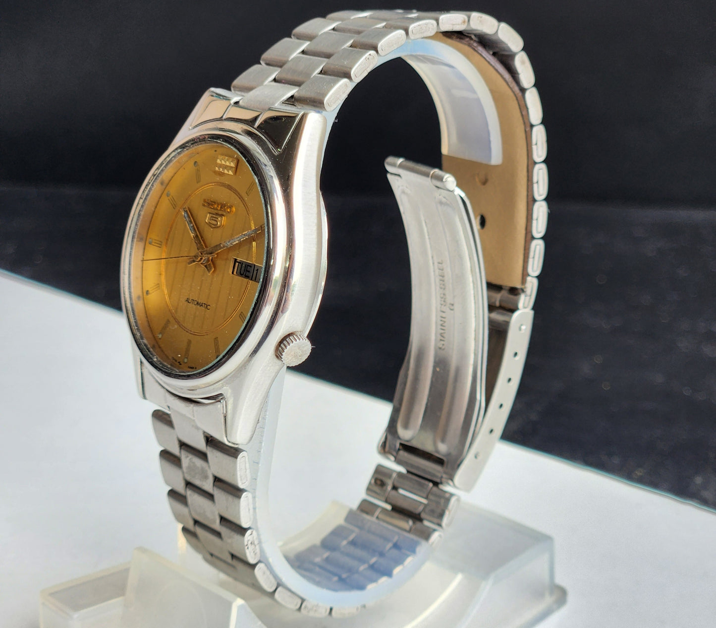 Vintage 1980 Original Seiko 5 Automatic 7009-3101 Golden Face 17 Jewels Day-Date Japanese Men's Wrist Watch EG76