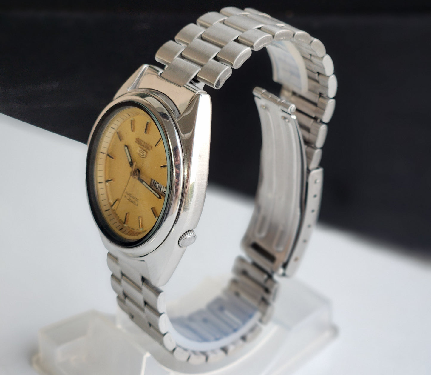 Vintage 1997 Original Seiko 5 Automatic 7S26-3040 Golden Face 21 Jewels Day-Date Japanese Men's Wrist Watch EG86