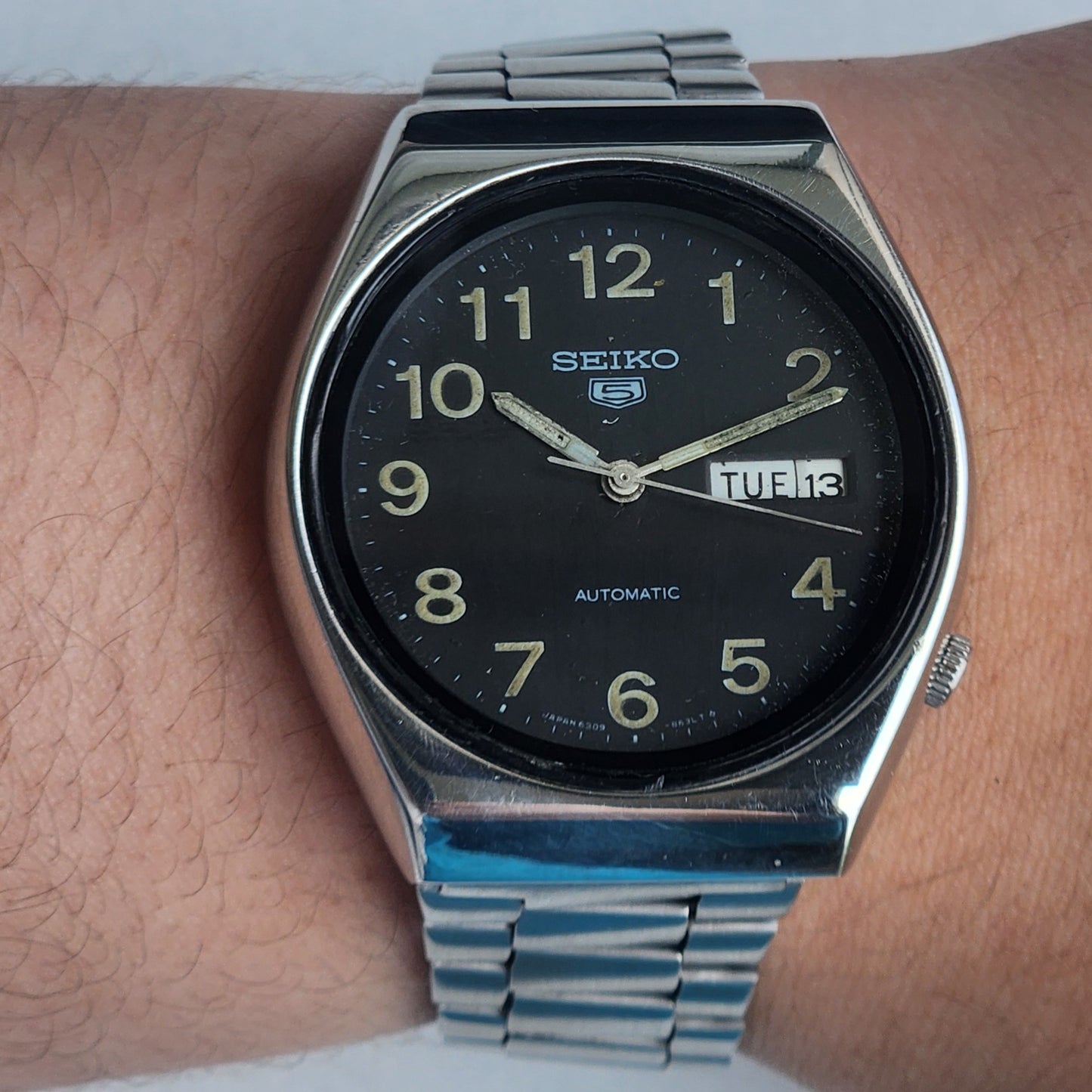 Vintage 1981 Original Seiko 5 Automatic 6309-8660 Black Face 17 Jewels Day-Date Japanese Men's Wrist Watch EG96