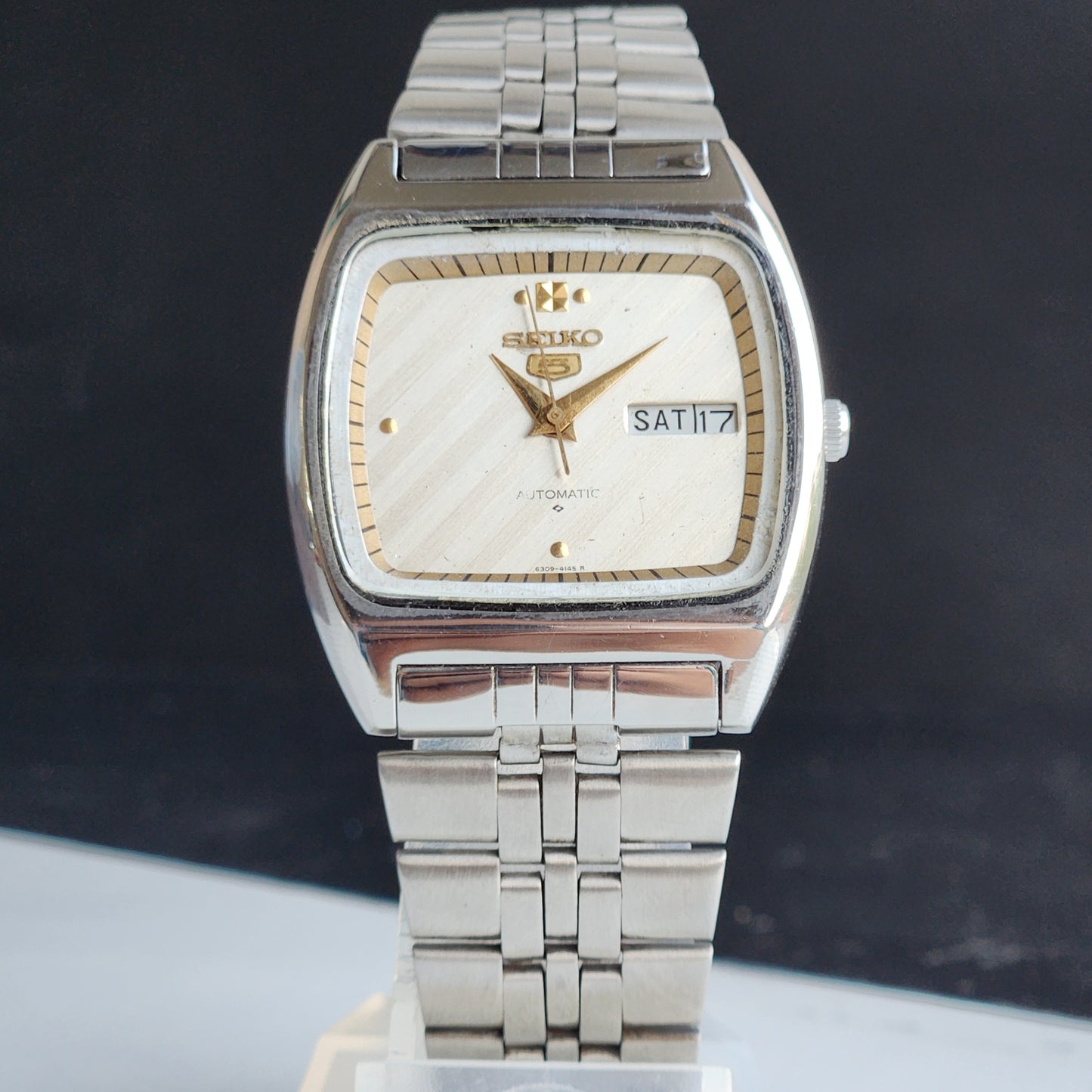 Vintage 1992 Original Seiko 5 Automatic 6349-5000 Silver Face 17 Jewels Day-Date Japanese Men's Wrist Watch EG108