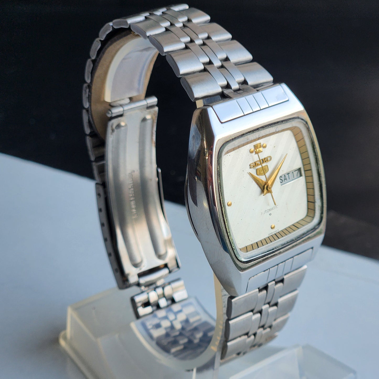 Vintage 1992 Original Seiko 5 Automatic 6349-5000 Silver Face 17 Jewels Day-Date Japanese Men's Wrist Watch EG108