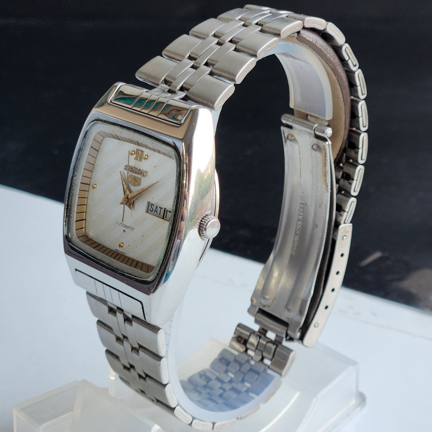 Vintage 1992 Original Seiko 5 Automatic 6349-5000 Silver Face 17 Jewels Day-Date Japanese Men's Wrist Watch EG108