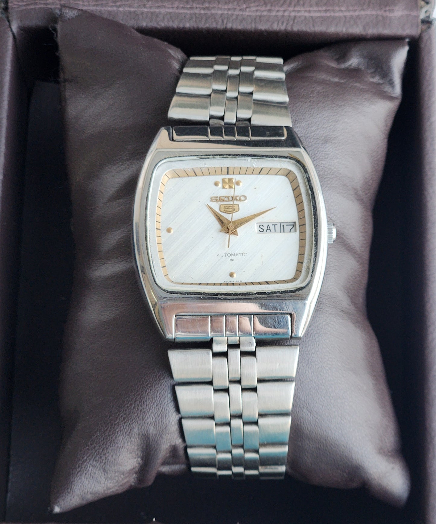 Vintage 1992 Original Seiko 5 Automatic 6349-5000 Silver Face 17 Jewels Day-Date Japanese Men's Wrist Watch EG108