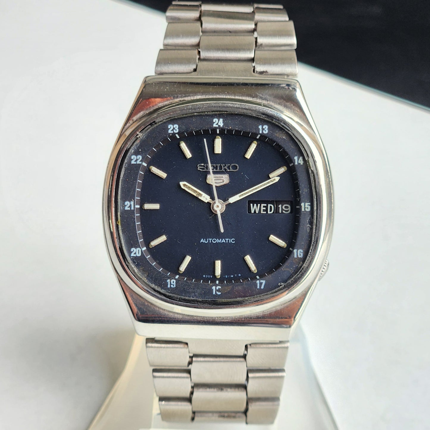 Vintage 1983 Original Seiko 5 Automatic 6309-510A Black Face 17 Jewels Day-Date Japanese Men's Wrist Watch EG113