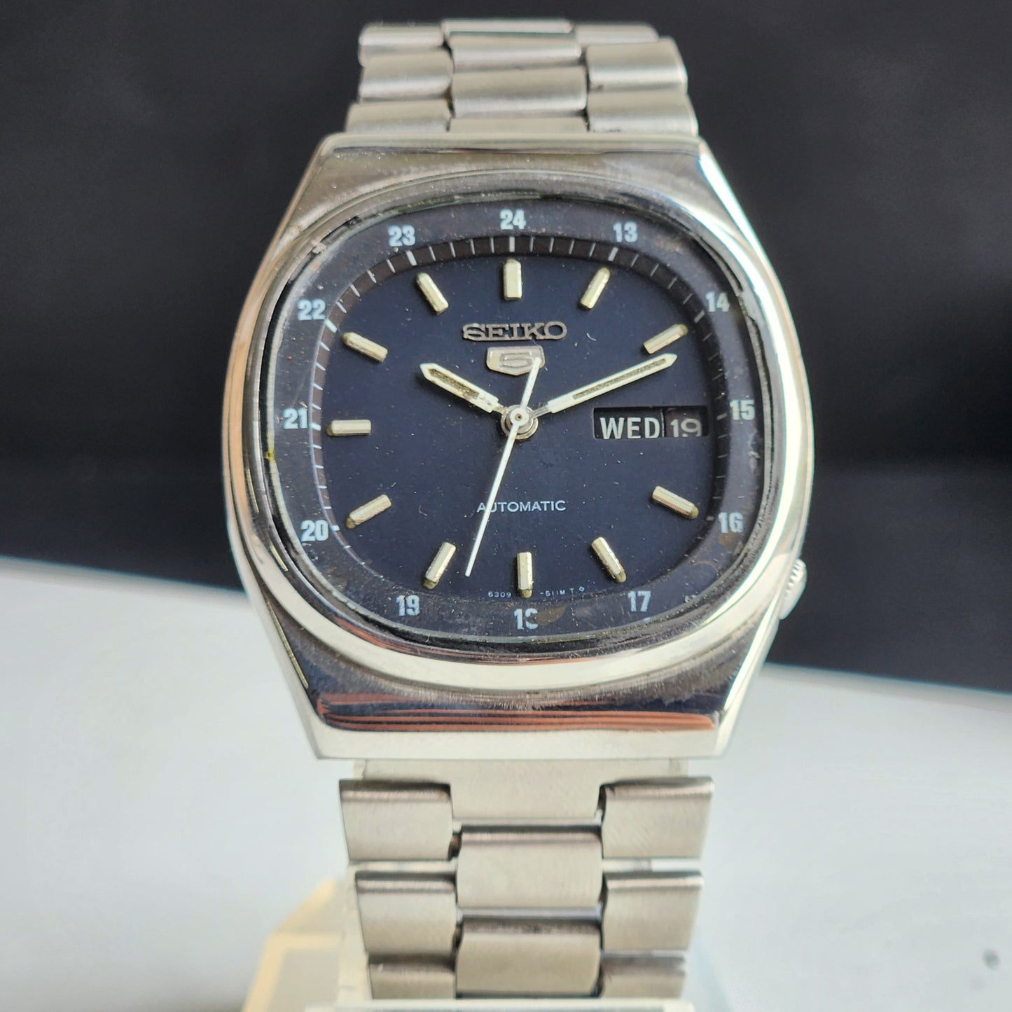 Vintage 1983 Original Seiko 5 Automatic 6309-510A Black Face 17 Jewels Day-Date Japanese Men's Wrist Watch EG113